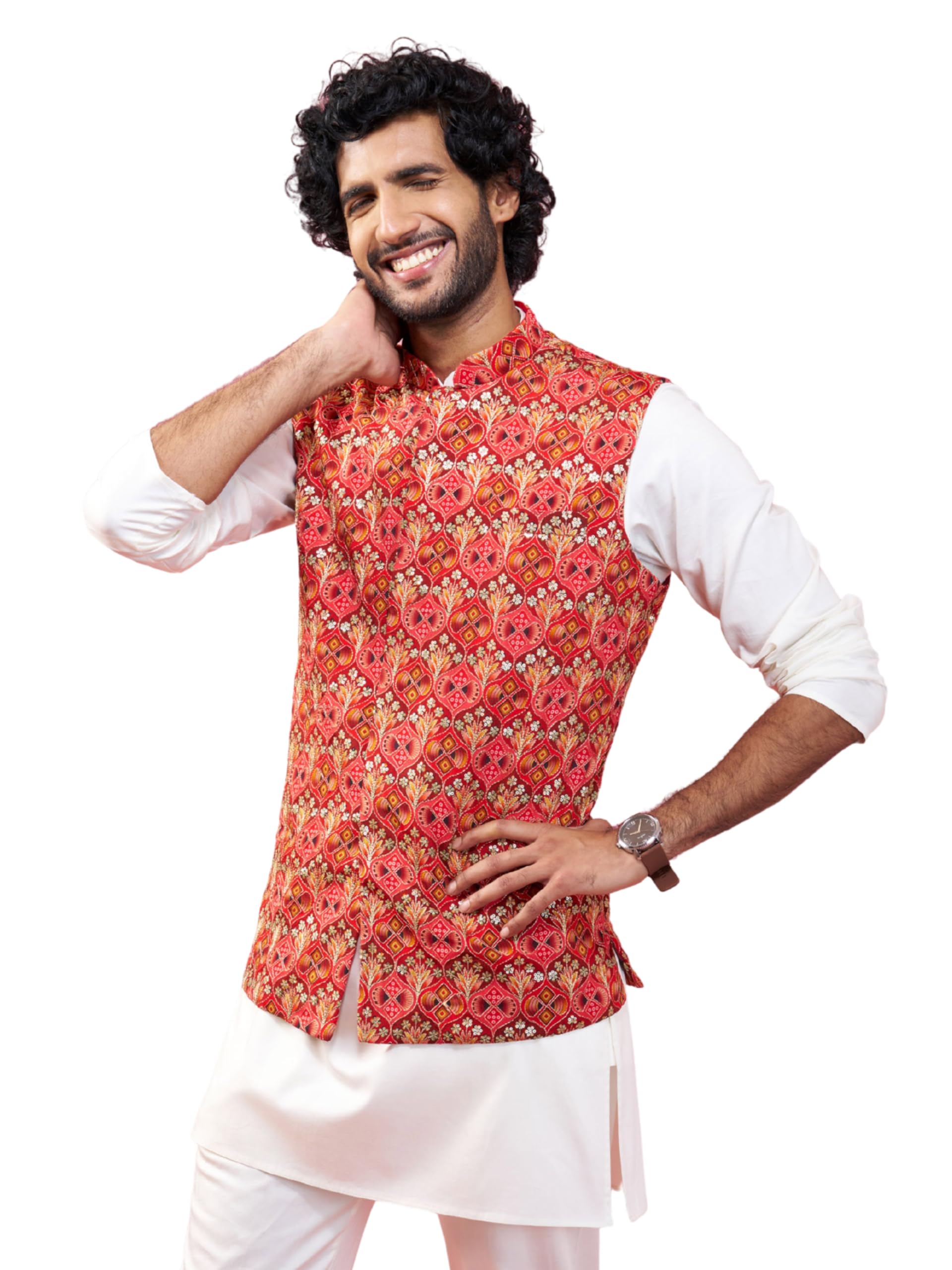 vastramay Men's Red - Nehru Jacket | Chinon Printed Embroidered Secuenced Jacket,Nehru Jacket For Men.-picture-53