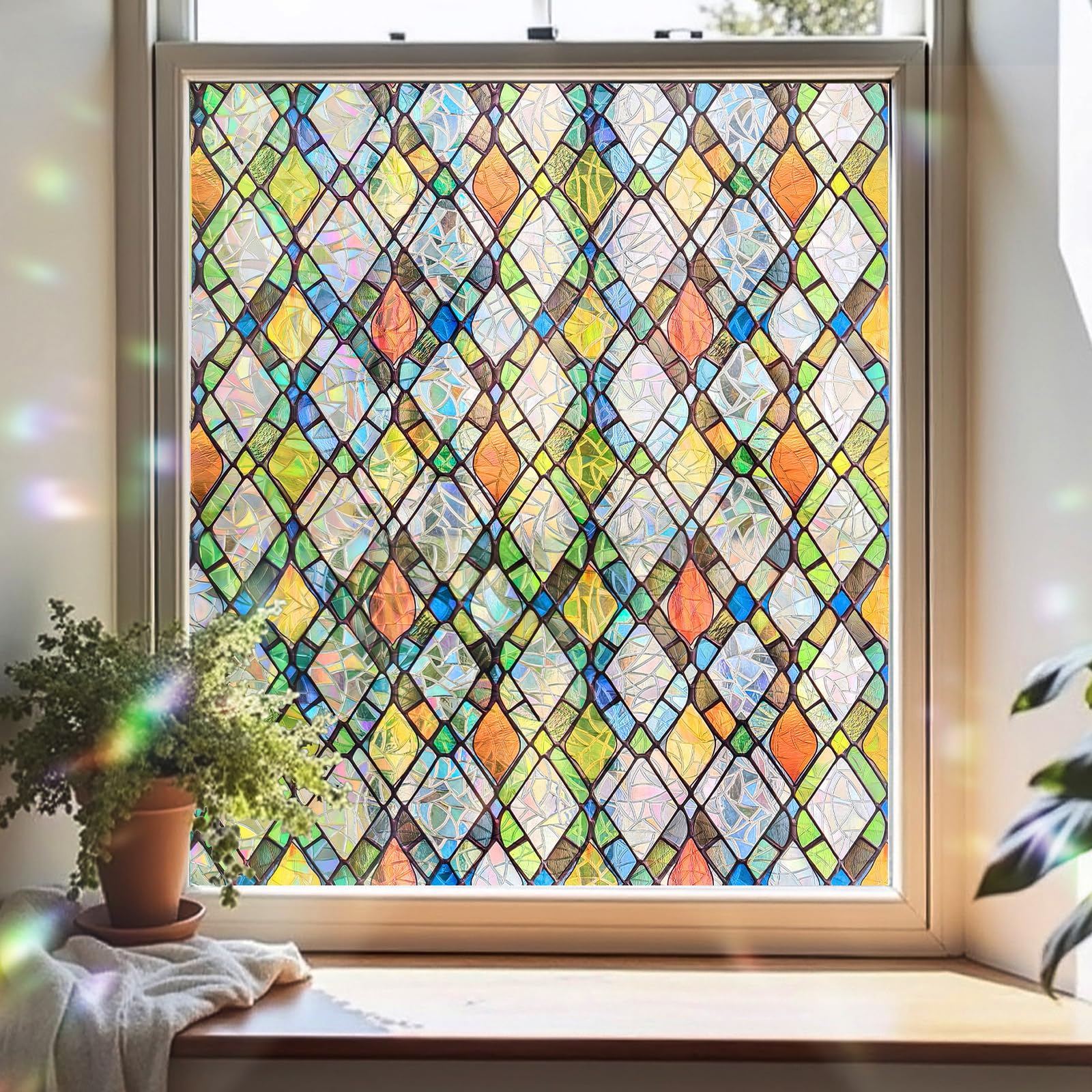 Stained Glass Window Film Privacy for Glass Windows, Window Privacy Film UV Blocking Static Cling for Home Kitchen Office Bathroom,Gilded Rainbow Shards 44x200cm