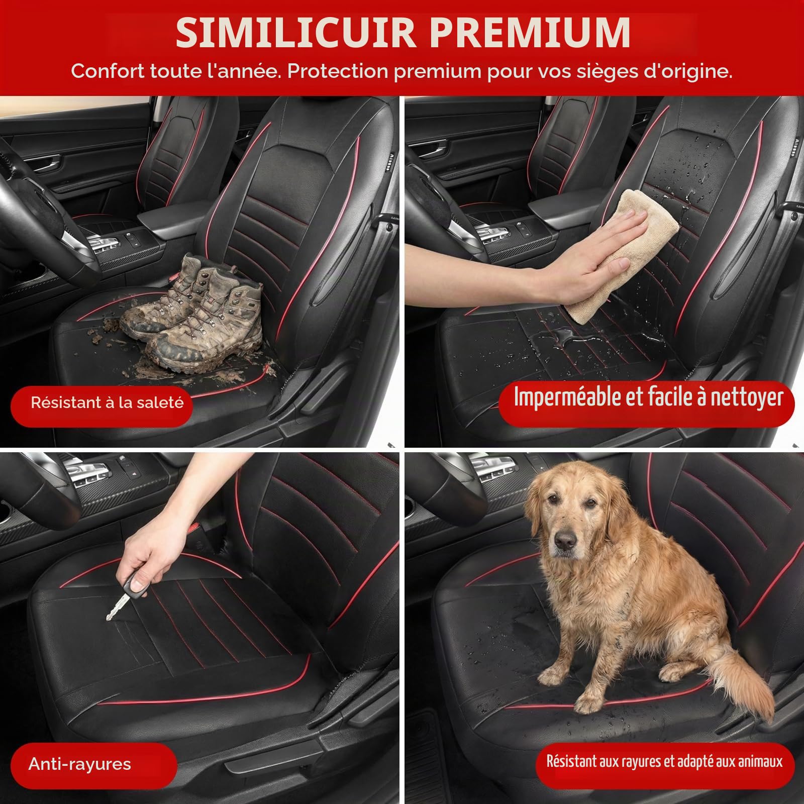 AUTOYOUTH Housses de siège avant universelles imperméables en cuir PU Rouge/noir Compatible avec airbag Paire pour SUV Van Berline