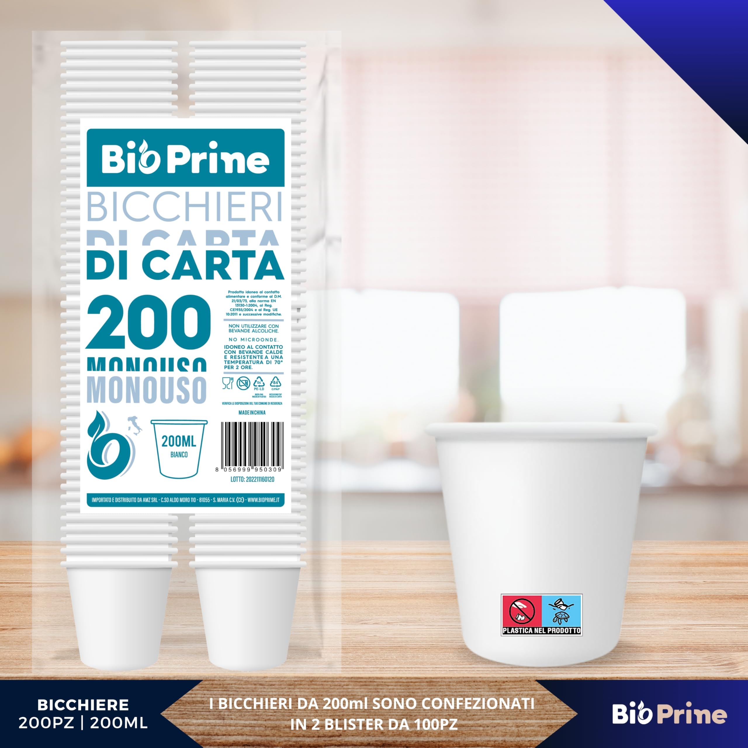 200pz - Bicchieri Acqua in Carta 200ml - Bicchieri 200ml Biodegradabili - Per Bevande Calde, Acqua e Bibite - Bicchieri Usa e Getta.