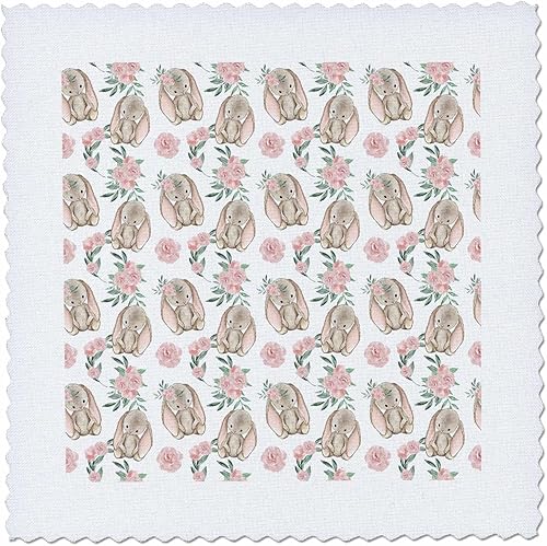 3dRose Cassie Peters Rabbits - Cute Adorable Baby Rabbit and Flowers - Quilt Squares (qs_354237_2)