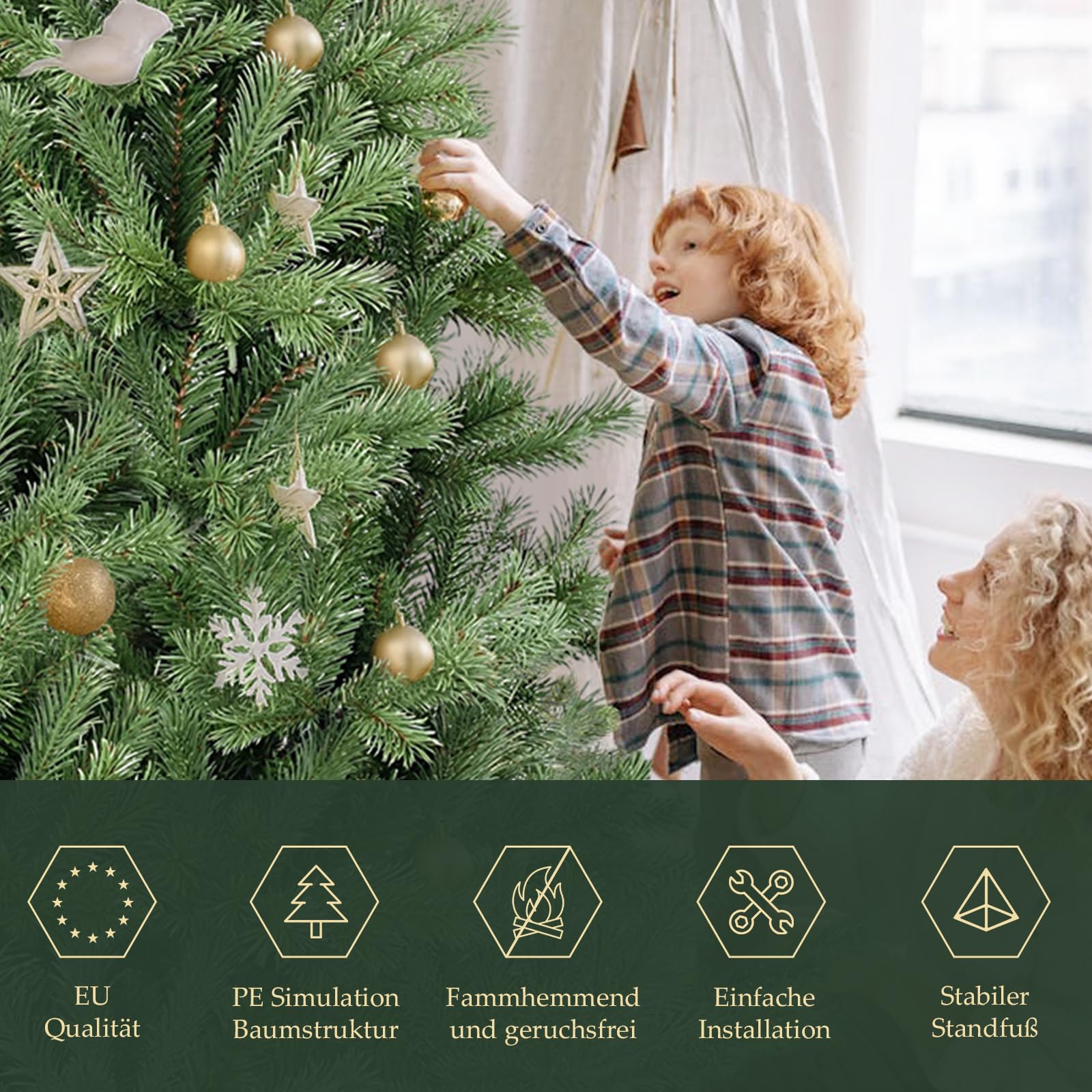 SALCAR Künstlicher Weihnachtsbaum 150 cm aus 90% PE Spritzguss, Premium Nordmanntanne, realistischer Christbaum mit Schnellaufbau Klappsystem