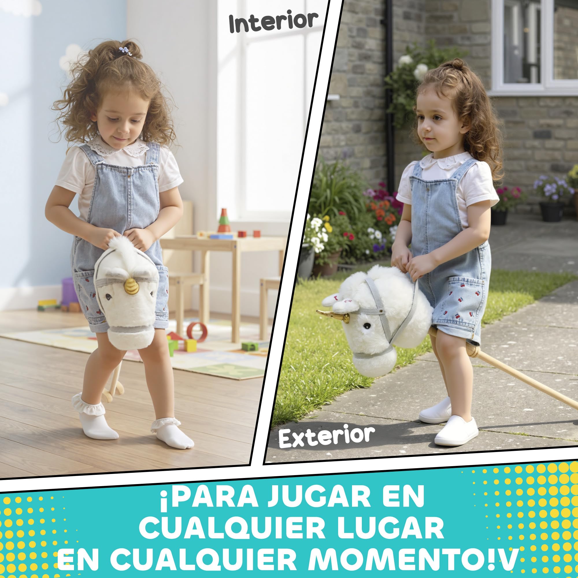 AIYAPLAY Cabeza de Caballo con Palo de Madera, Diseño Unicornio, Sonidos y Ruedas, Caballo de Juguete, 95 cm de Altura, Blanco