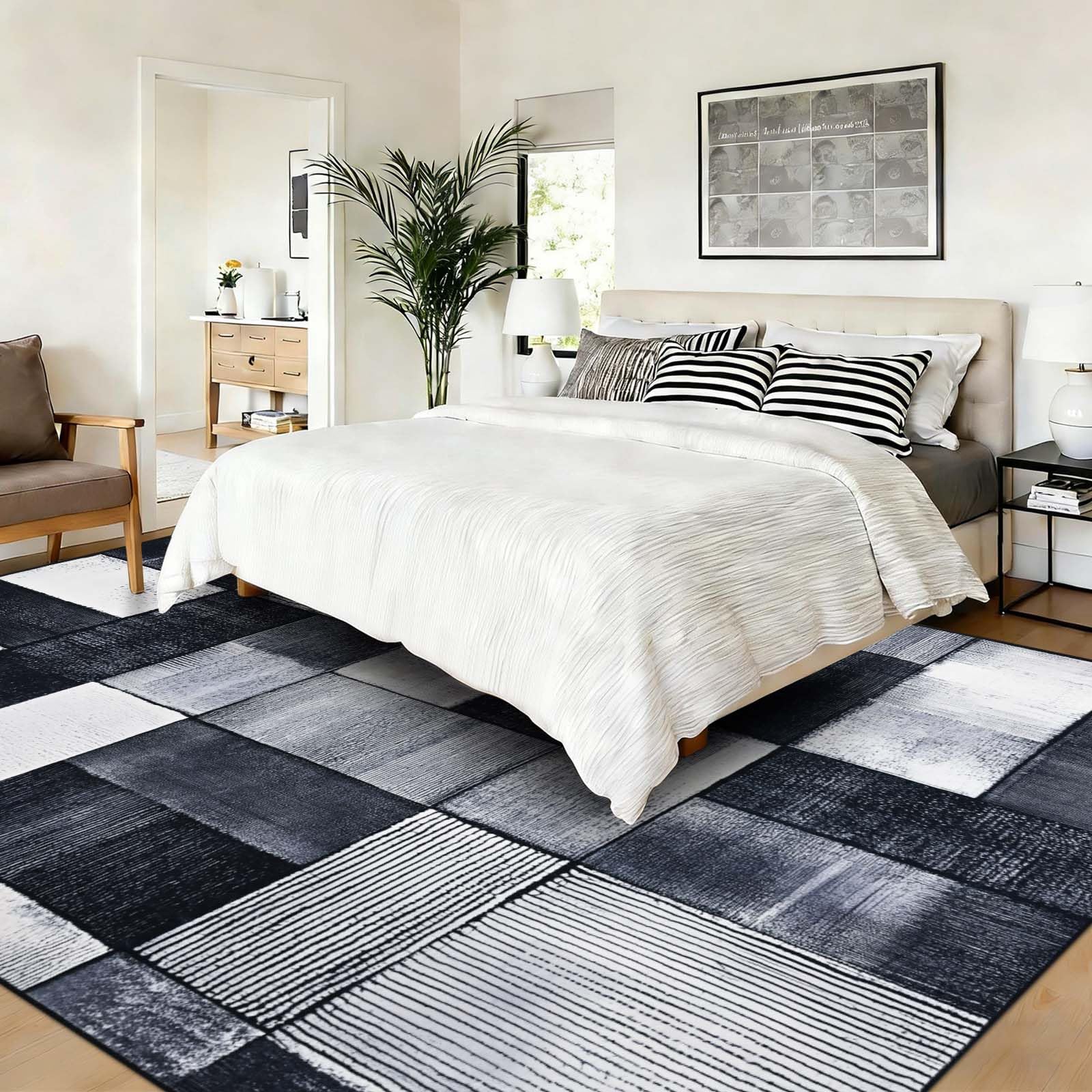 Alishomtll Teppich Wohnzimmer Schwarz Grau, Modern Kariert Läufer 200x280cm