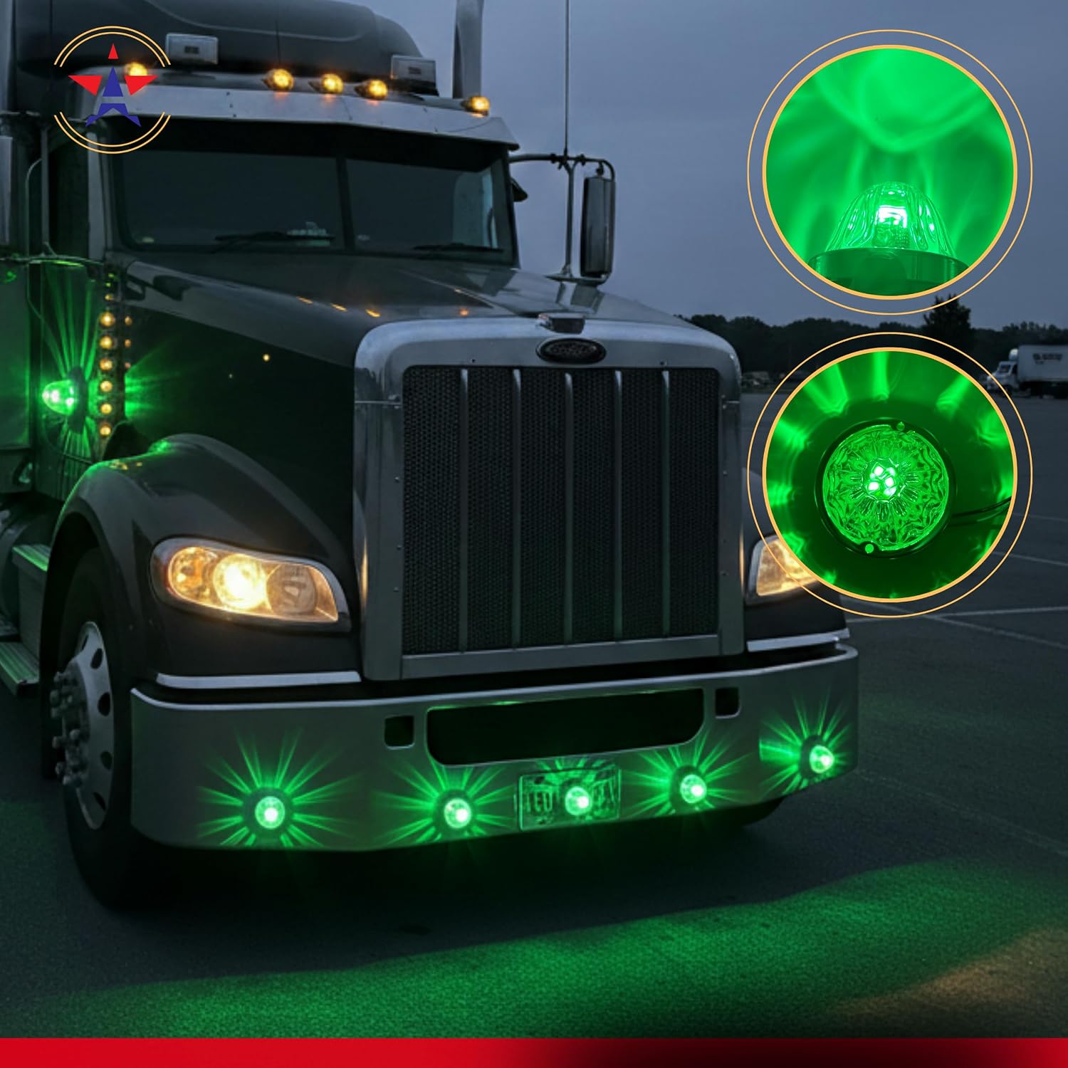 All Star Truck Parts 2Pcs Glass Watermelon Lights Clear Lens Green LED Side Marker Turn Signal Fender Bumper Air Cleaner Under Glow Lights + Bezel Replacement for Kenworth Peterbilt Freightliner Truck image 5
