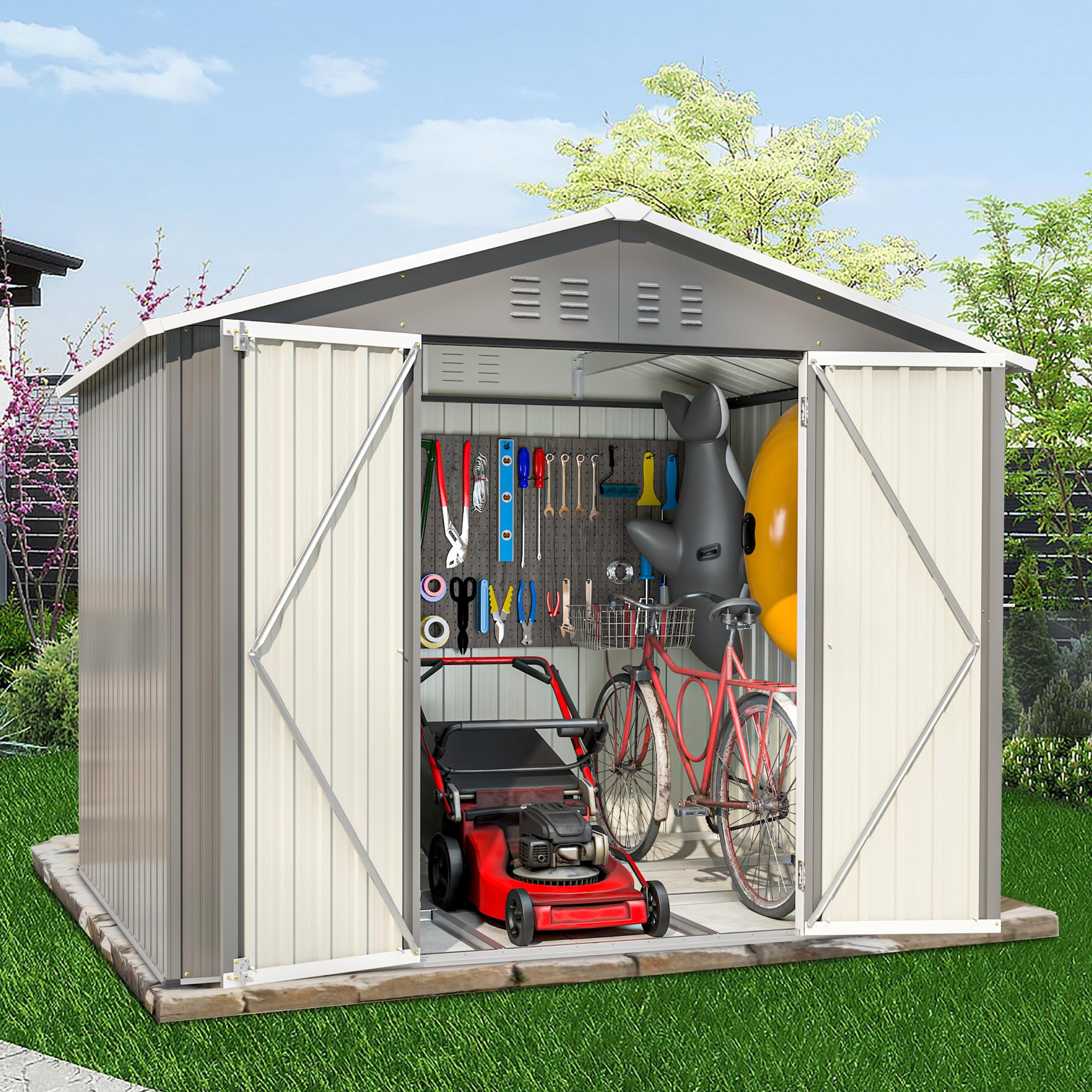 Metall Gerätehaus Gerätehaus mit Pultdach,Gartenhaus Geräteschuppen Garten Schuppen Inkl. Metallfundament (ohne Boden), Geräteschrank für Garten (Grau, L)