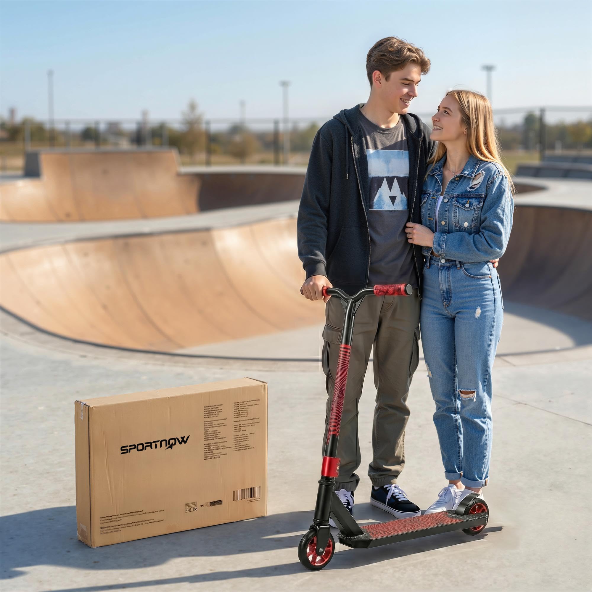 SPORTNOW Scooter Acrobático Freestyle Manillar 360° ABEC-9 Adultos Rojo | Ruedas de PU de 120 mm, Marco de Aluminio Acero, Antideslizante, Adolescentes, Skatepark
