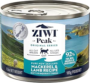 ZIWI Peak Canned Wet Cat Food – All Natural, High Protein, Grain Free, Limited Ingredient, with Superfoods (Mackerel & Lamb, Case of 12, 6.5oz Cans)