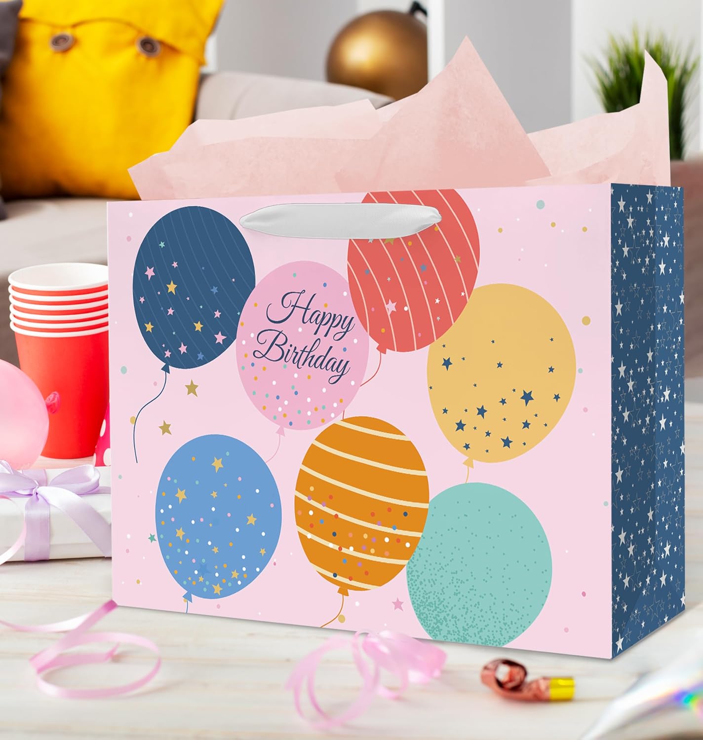 Nihuecne 16" Extra Large Happy Birthday Gift Bags with Tissue Paper, 4 Pack Paper Gift Bags with Handles for Birthday Present Gift Wrap, 4 Designs