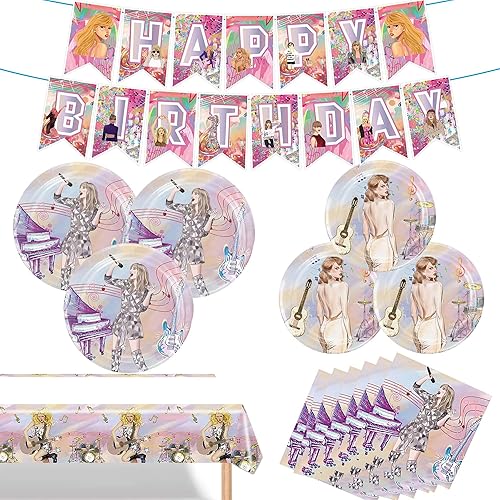 Decoraciones temáticas de cumpleaños, juego de vajilla temática rosa, decoraciones de fiesta, incluye 20 platos, 20 servilletas, 1 pancarta, 1