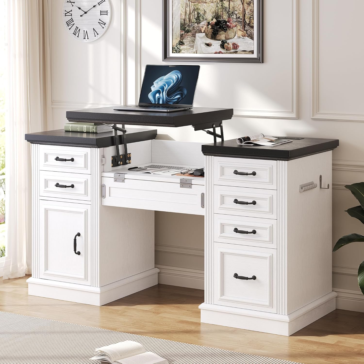 Farmhouse 57" Lift Up Executive Desk with 5 Drawers and Charging Station, Wood Home Office Computer Desk with File Cabinet Storage, Keyboard Tray,Headphone Hook for Work,Study (White+Black)