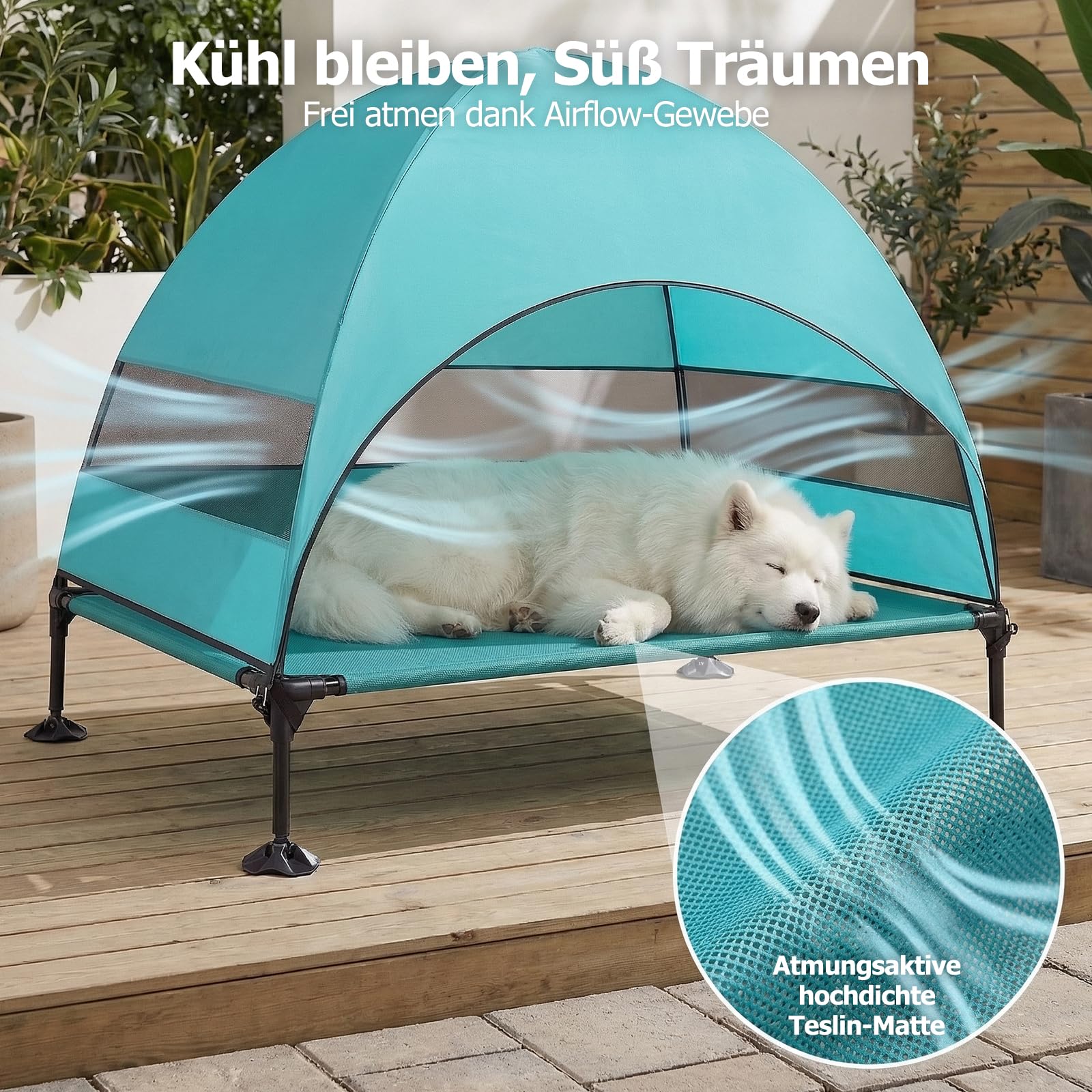 Cuccia rialzata per cani per esterni, con tetto resistente ai raggi UV, pieghevole con piedini antiscivolo, tenda per cani con grande ombra, letto rinfrescante per cani, per campeggio, giardino (acqua