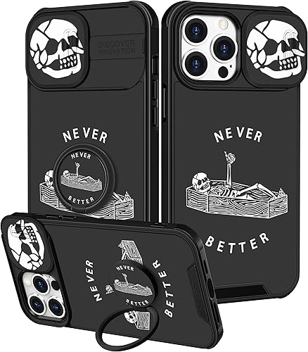 Goocrux Funda 2 en 1 para iPhone 15 Pro Max con diseño gótico de calavera y esqueleto para niños, diseño único con funda deslizante para cámara +
