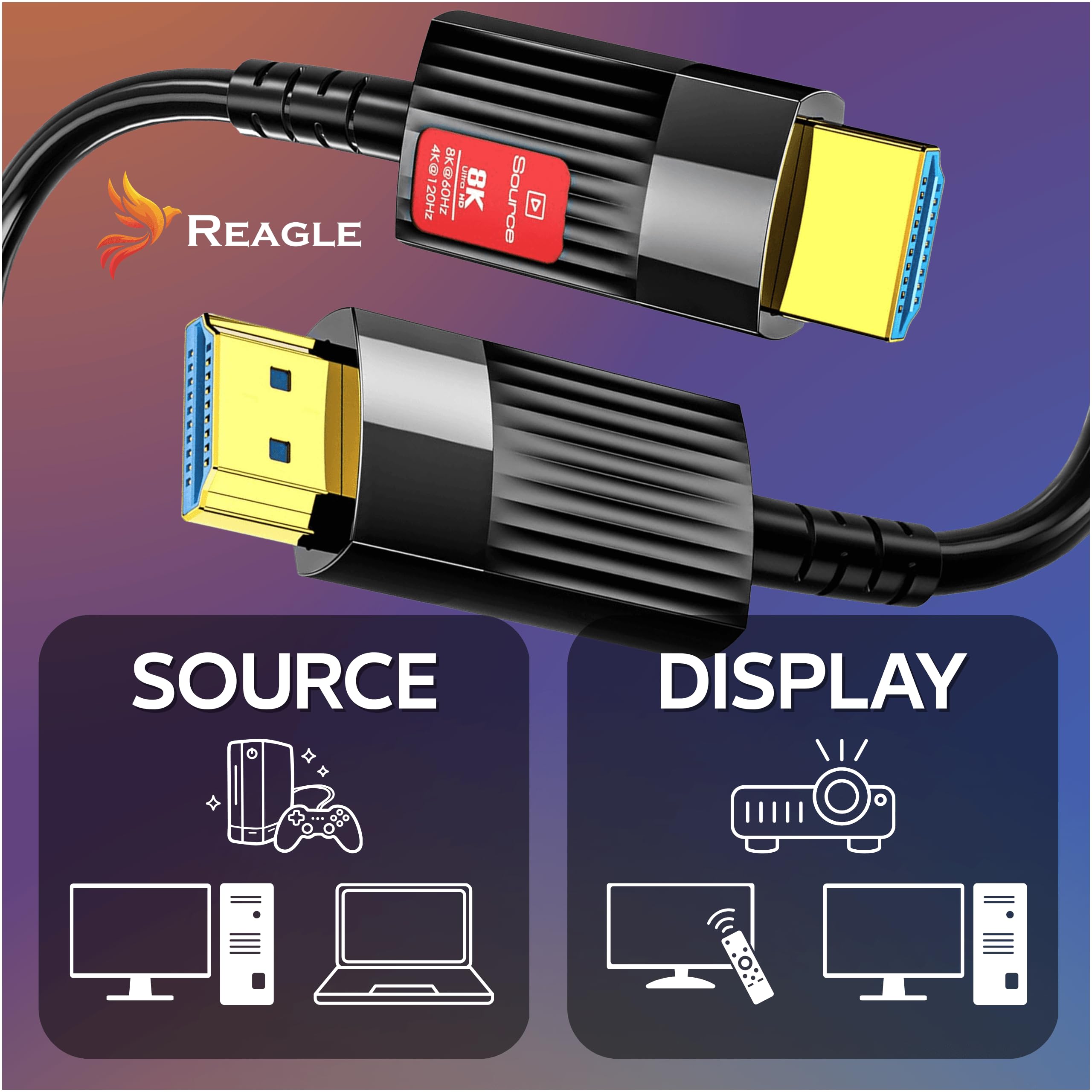 Reagle Cable óptico HDMI 2.1, 10 m, 48 Gbps, AOC 8K, 60 Hz, 4 K, 120 Hz, HDR 48 Gbit/s, DolbyVision Dolby Atmos, compatible con TV, consola, tarjetas gráficas RTX 30xx y RX 6xxx