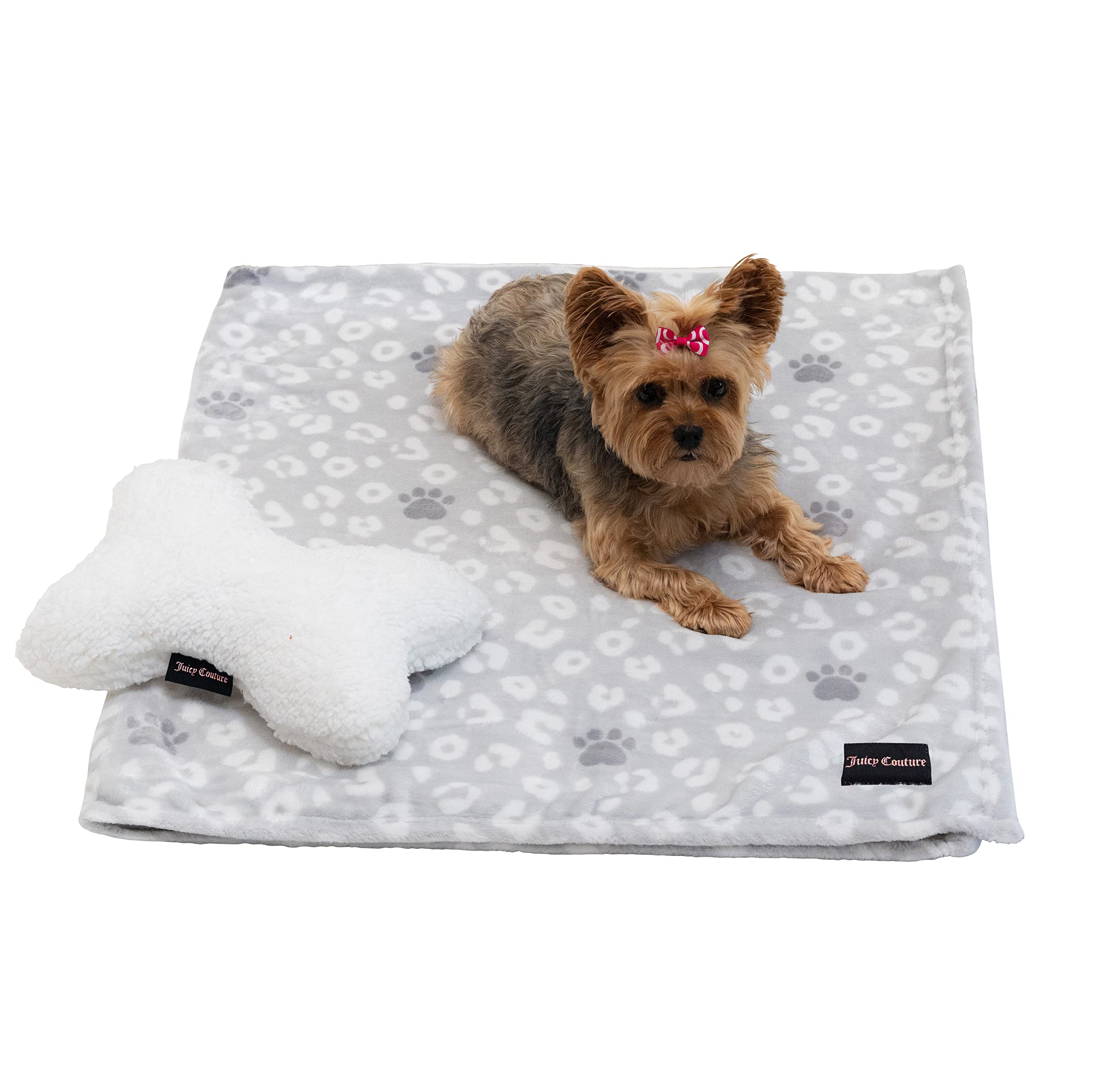Juicy Couture Grey Leopard With Paws Dog Blanket With Sherpa Bone Shaped Pillow – Plush Puppy Blanket Throw, Breathable, Lightweight, Machine Washable, Cat Blanket For Small Medium & Large Pets