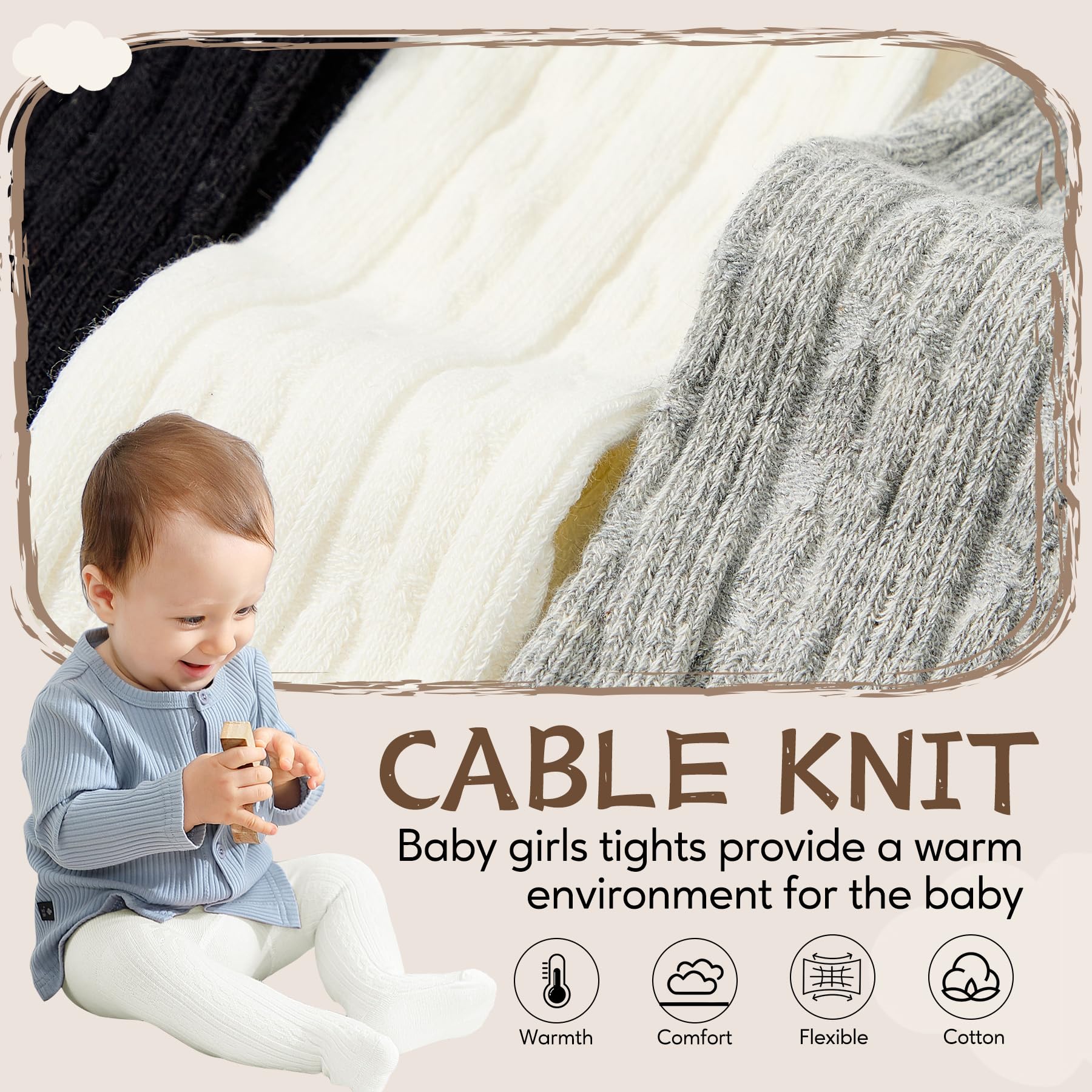 Zando 3Pack Newborn Baby Girls Tights Infant Cable Knit Winter Cotton Warm Footed Tights Leggings Stockings Pantyhose 0-4T