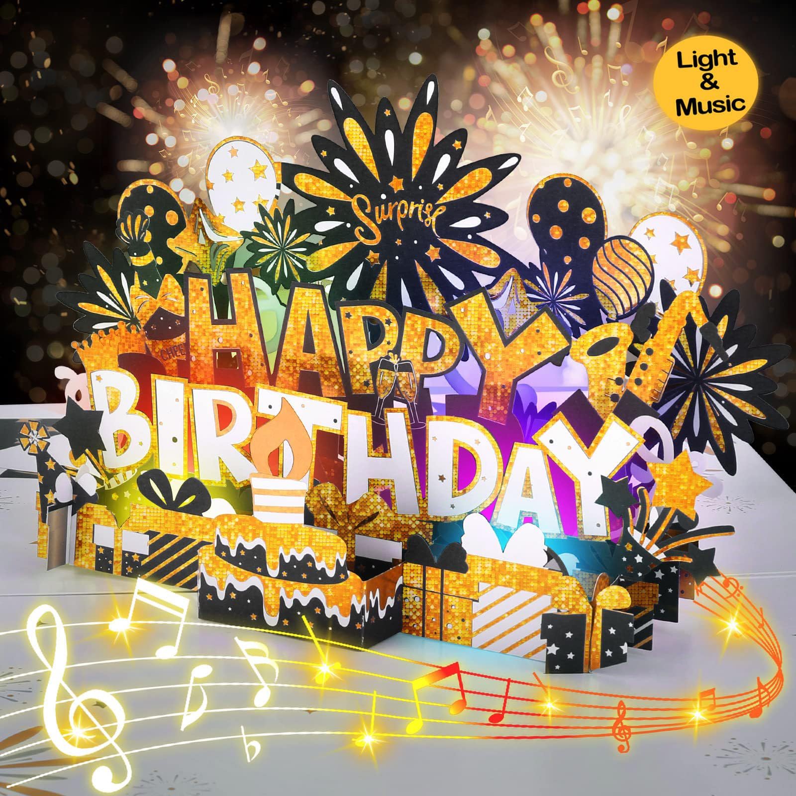 Geburtstagskarte Geschenke Karten, 3D-Musik-Pop-Up-Geburtstagsgrußkarte mit Licht und Musik, Mehrfarbig, mit Umschlag(Black)