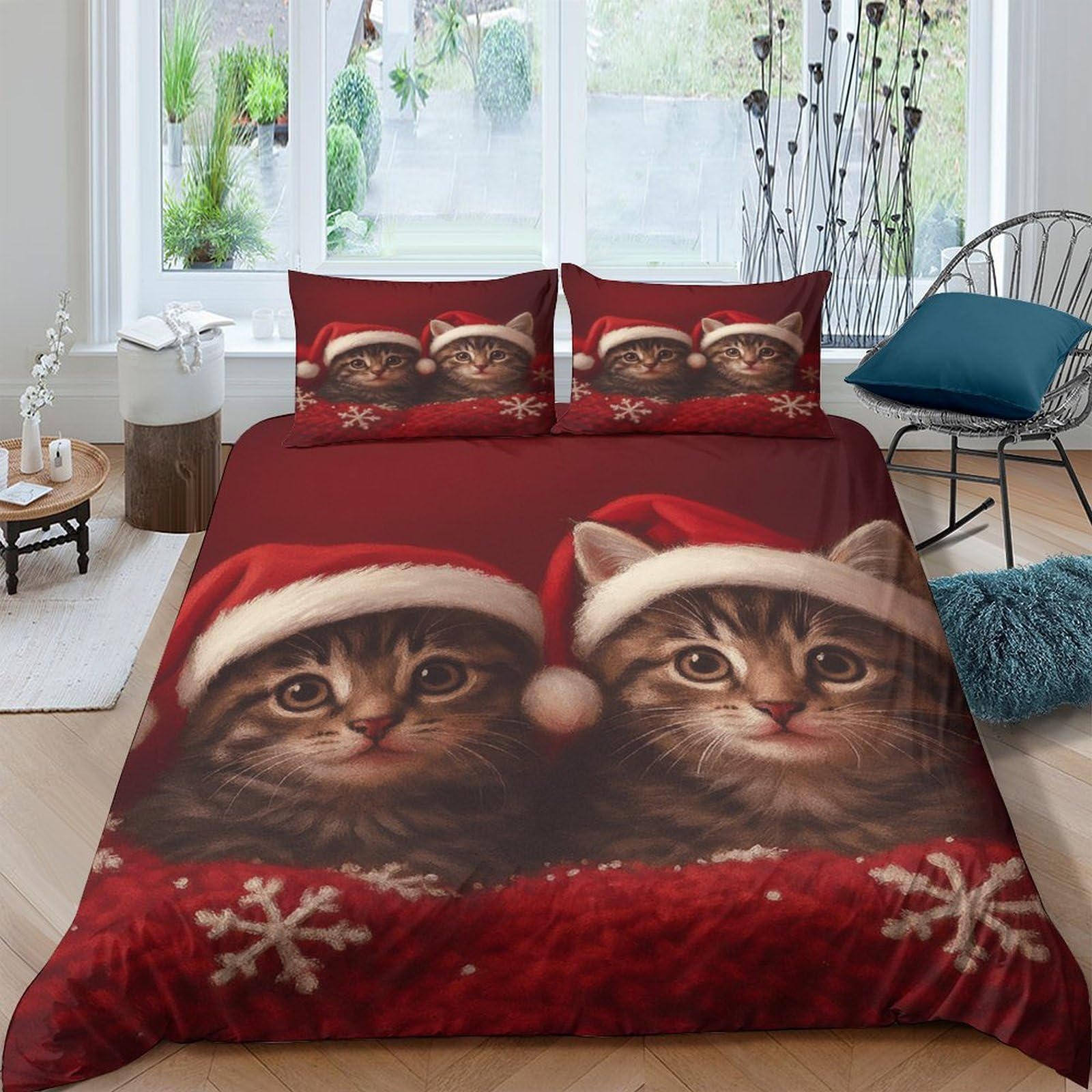Ctjqhvkz Style-4 3D Printed Christmas Cat Fitted Sheet Microfiber Soft Red Santa Bed Sheet For Bedroom Guest Room Decor Single（135X200cm）