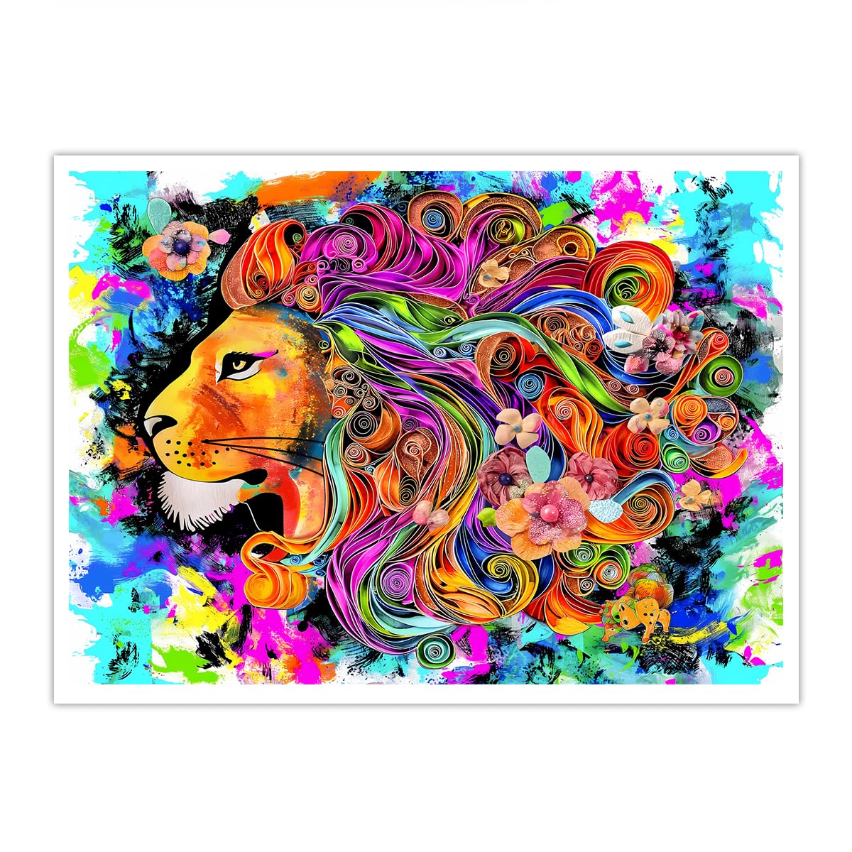 OSHIONARTE Vibrant Rainbow Lion Portrait Canvas Poster Prints Colorful Abstract Animal with Multicolor Curly-Haired Picture Wildlife Wall Decor 45x60cm Frameless