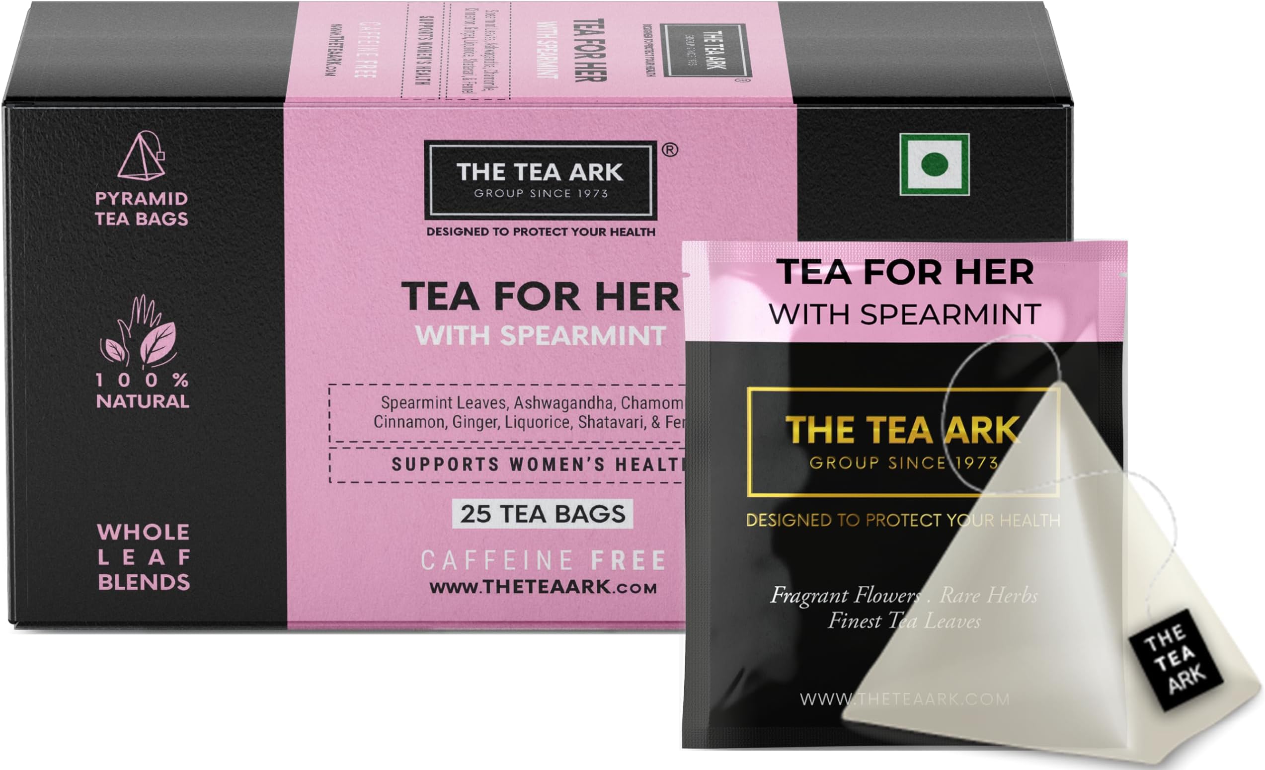 The Tea Ark Spearmint Tea For her PCOS (25 Count) | Tea for Her Herbal Tea For Women with Shatavari & Fennel | Caffeine Free Whole Leaf Blend | Individually Wrapped Pyramid (25 Tea Bags, Spearmint)