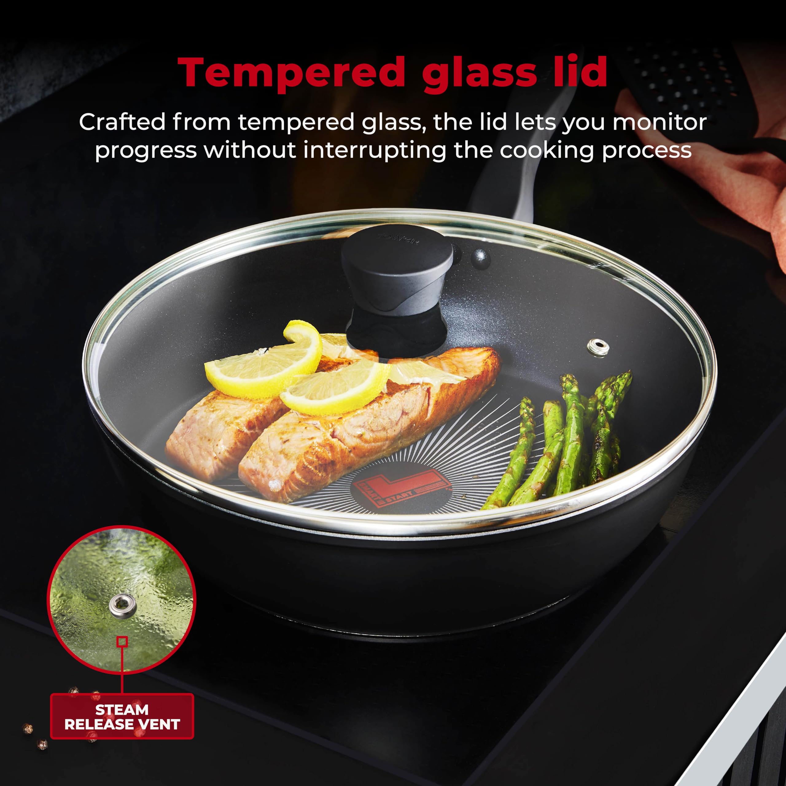 Tower T700318 SmartStart Gourmet - Sartén multisartén y tapa de aluminio con revestimiento antiadherente Aeroglide, compatible con inducción (28 cm)