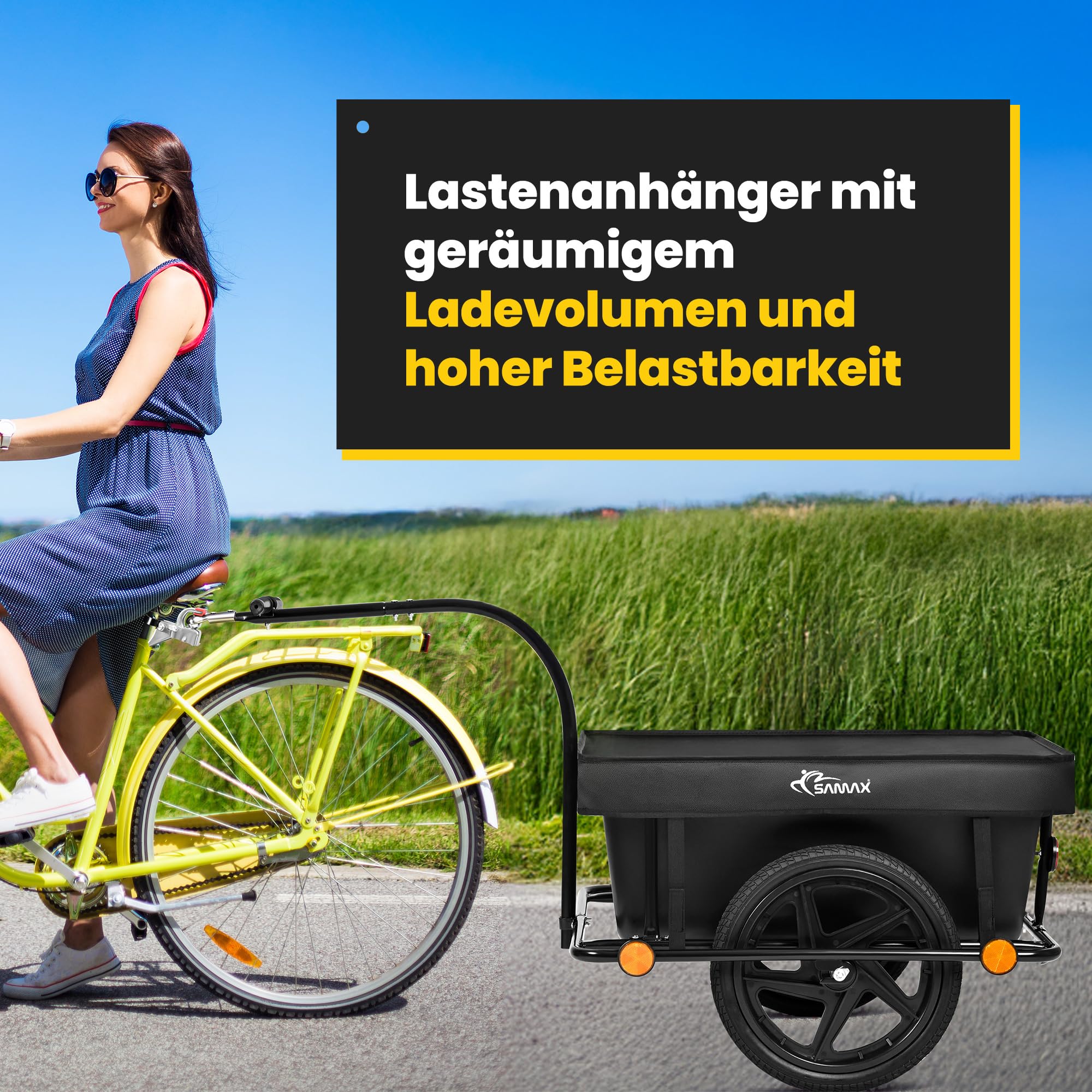SAMAX Lastenanhänger Fahrradanhänger 90 Liter 80 Kg mit Kupplung Schutzplane und Verbindungsschelle - Transportanhänger Fahrrad Anhänger Handwagen mit Kunststoffwanne in Schwarz - Mountain