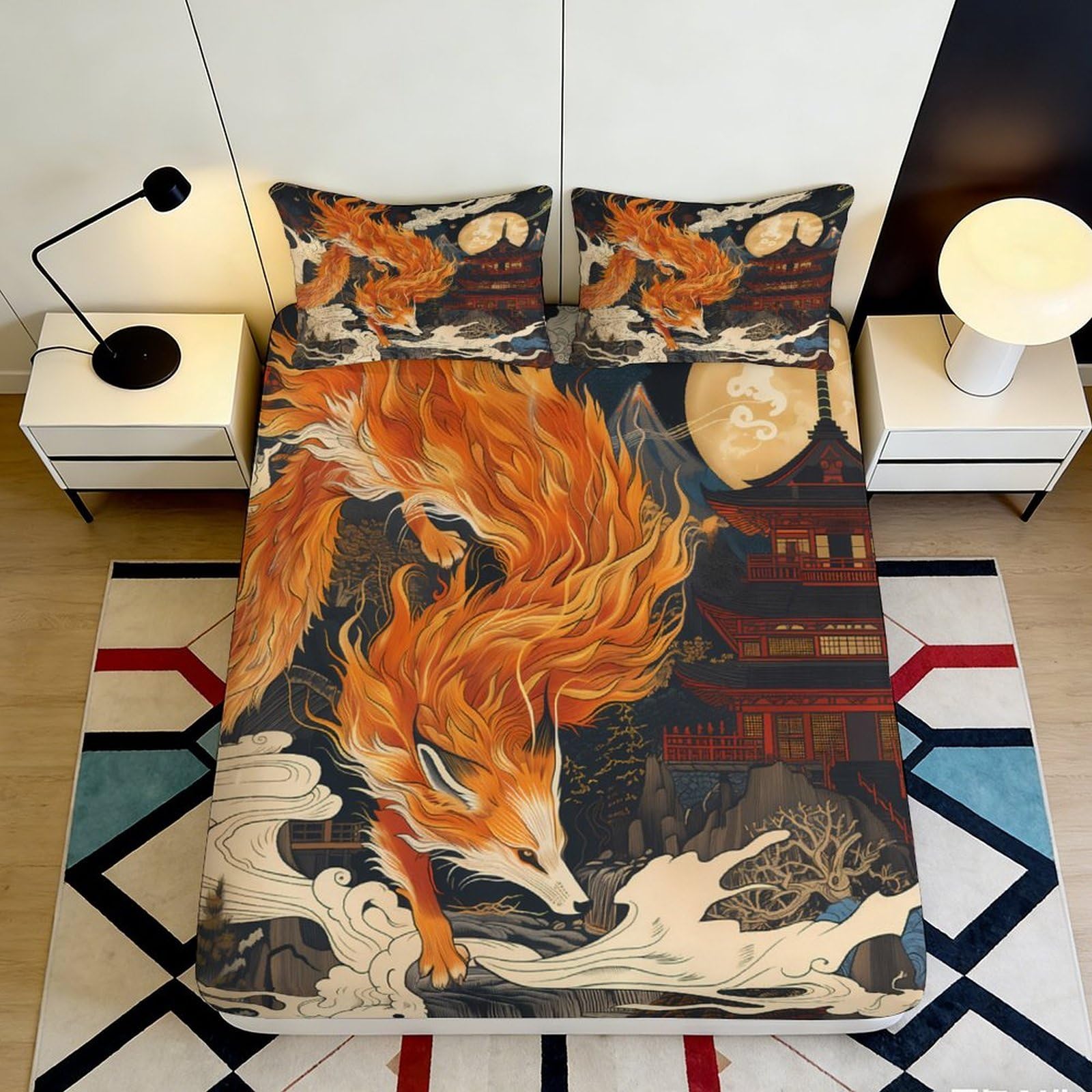 3D Printed Fiery Fox Fitted Sheet Microfiber Soft Breathable Japanese Art Bed Cover for Bedroom Dorm Decor 90x200x25cm