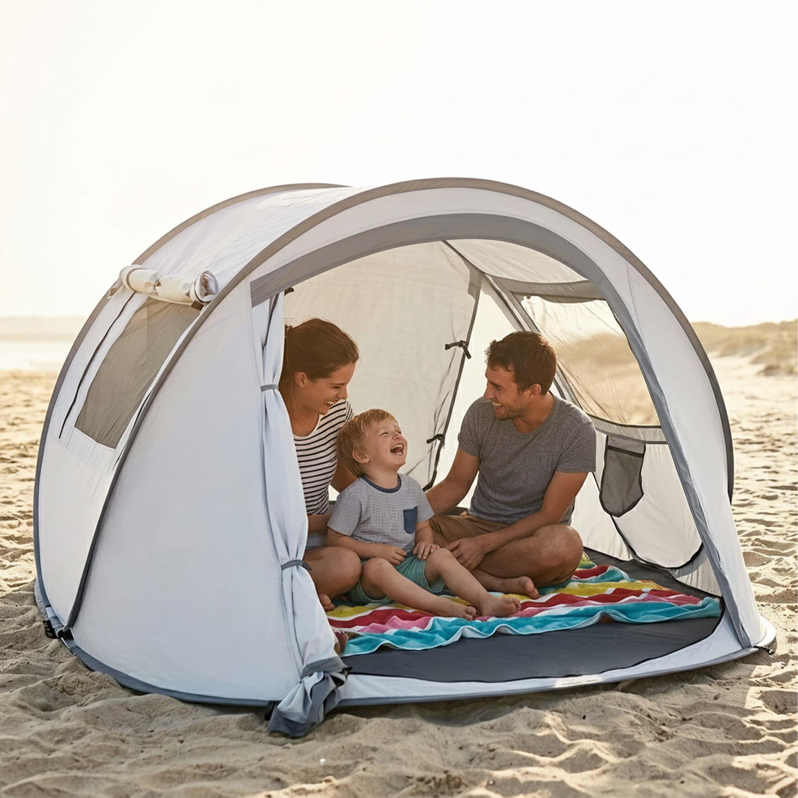 Relaxdays Tente Pop-up, 2-3 Personnes, Protection UV, moustiquaire, Grise | H x L x P : 105 x 245 x 150 cm
