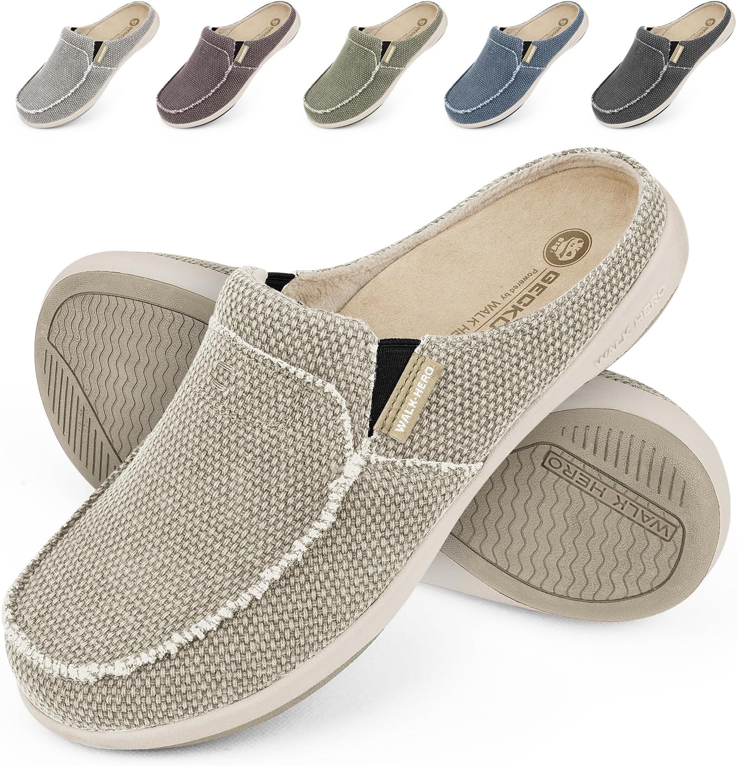 Mens Slippers with Arch Support, Canvas House Slipper for Men with Velvet Lining, Slip On Clog, Indoor Outdoor House Shoes with Anti-Skid Rubber Sole