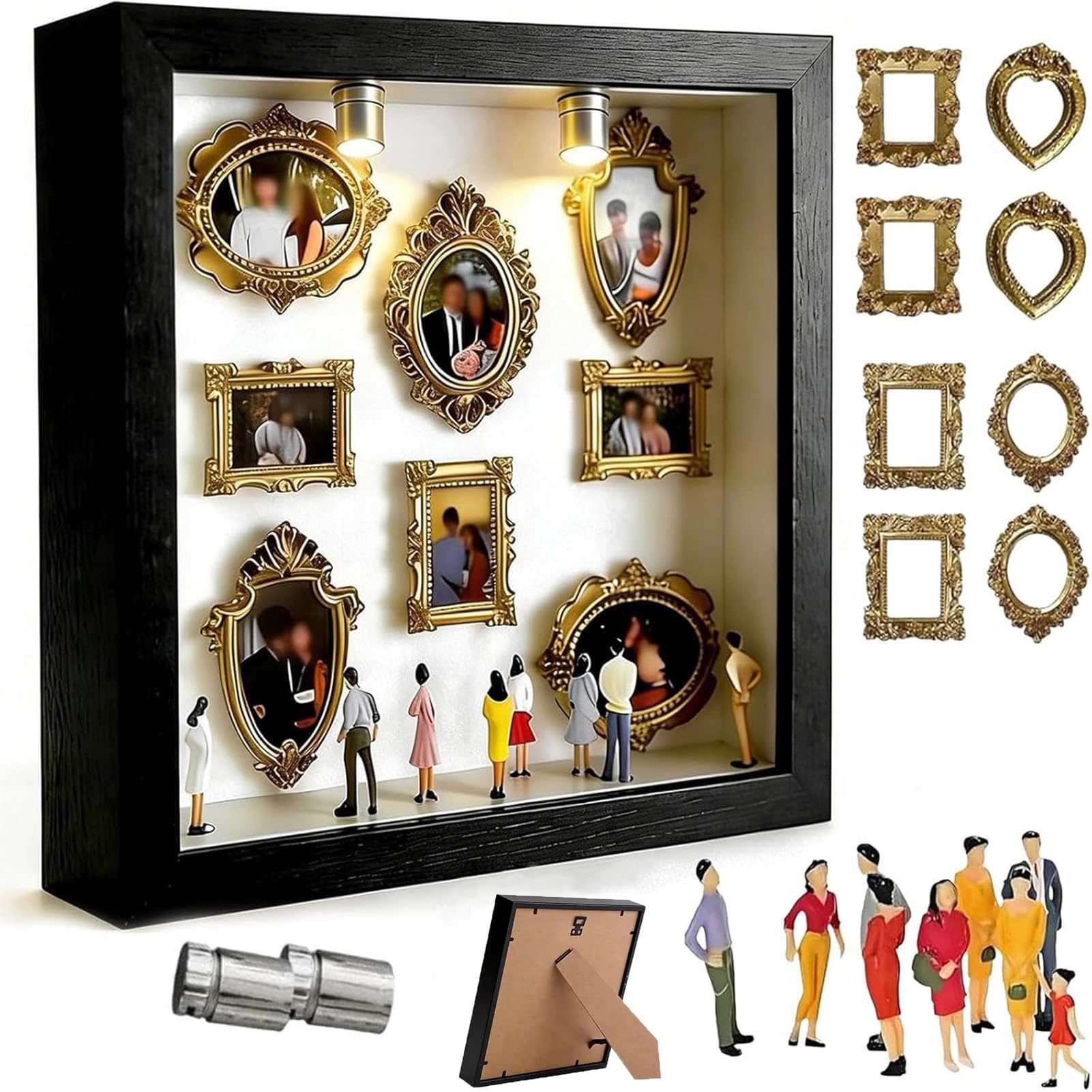 DIY Mini Museum Bilderrahmen, DIY Mini Museum Silhouette Box, Fotospeicher Bilderrahmens, mit 8 Mini Goldene Rahmen & 8 Figuren, für Jahrestag, Hochzeit, Heimdekoration - 2