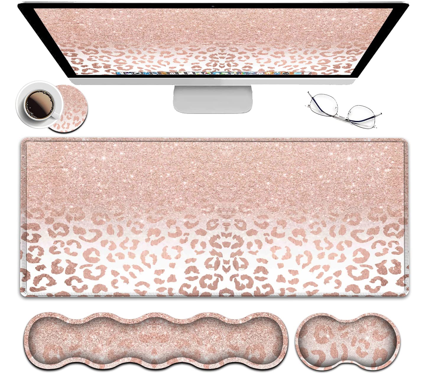 Großes Mauspad und Gel-Maus-Handgelenkauflage + Memory-Schaum-Tastatur-Handgelenkauflage-Set, rutschfeste Gummiunterseite für Büro, Zuhause, XXL-Leoparden-Sternmuster, rosa Schreibtischunterlage