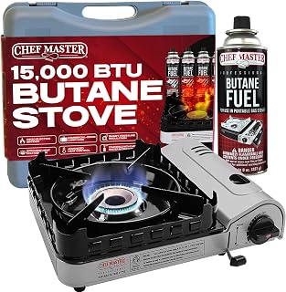 Chef Master 15,000 BTU Portable Butane Camp Stove with Piezo Ignition & Double Wind Guards for Camping, Hiking & Emergencies - 90019