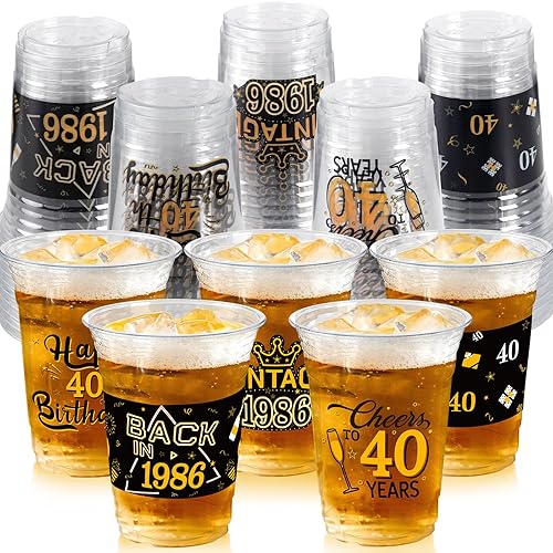 50 Pcs 40th Birthday Party Plastic Cups Bulk, 16 Oz Black Gold Plastic Clear Disposable Drinking Cups for Celebrating 40 Years Old Birthday Party Supplies Decorations Women Men