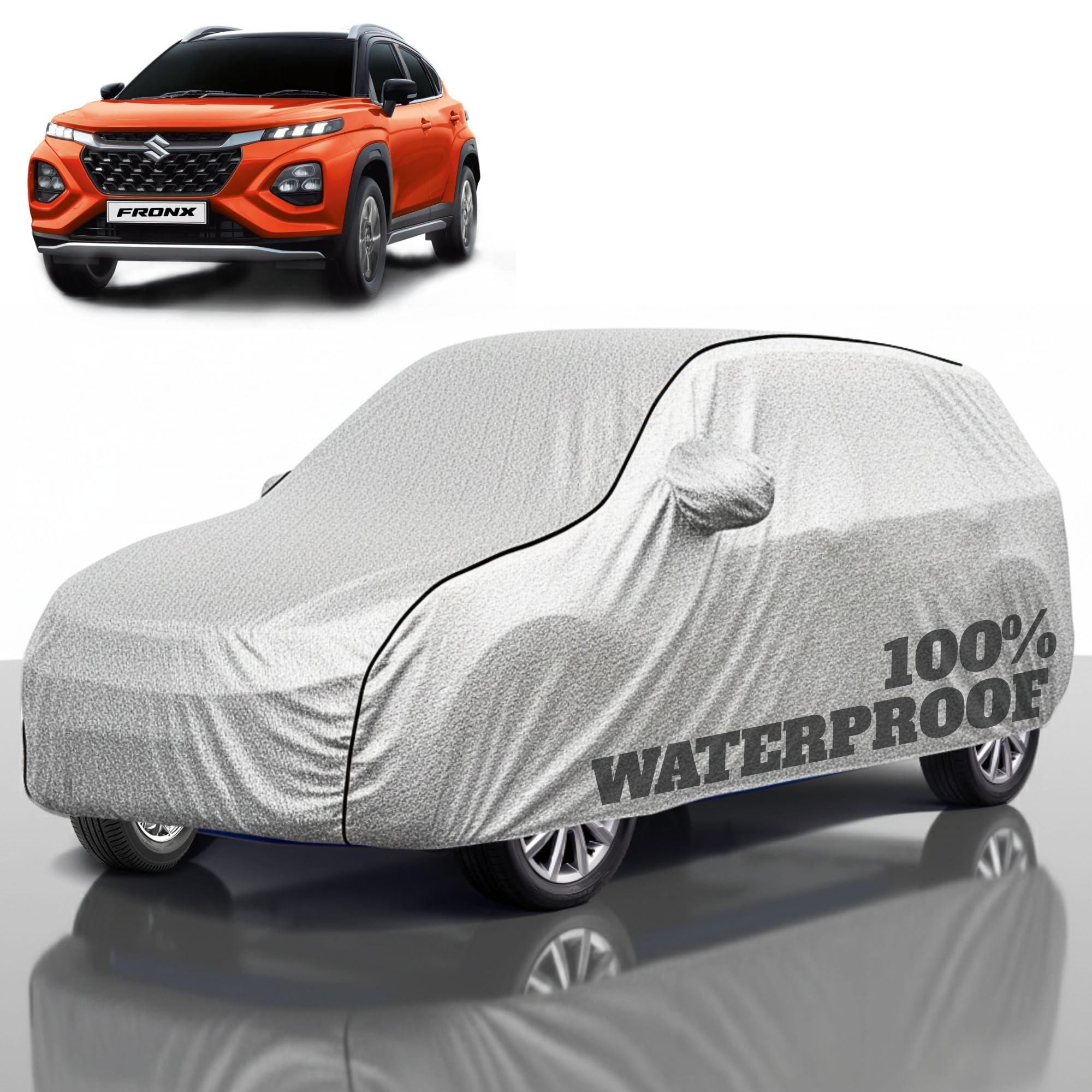 Premium Polyester Car Cover Fronx All-Weather Protection from Rain, Dust &amp; Sun | UV Resistant Fabric | Full Body Secure Fit for Outdoor &amp; Indoor Parking Silver