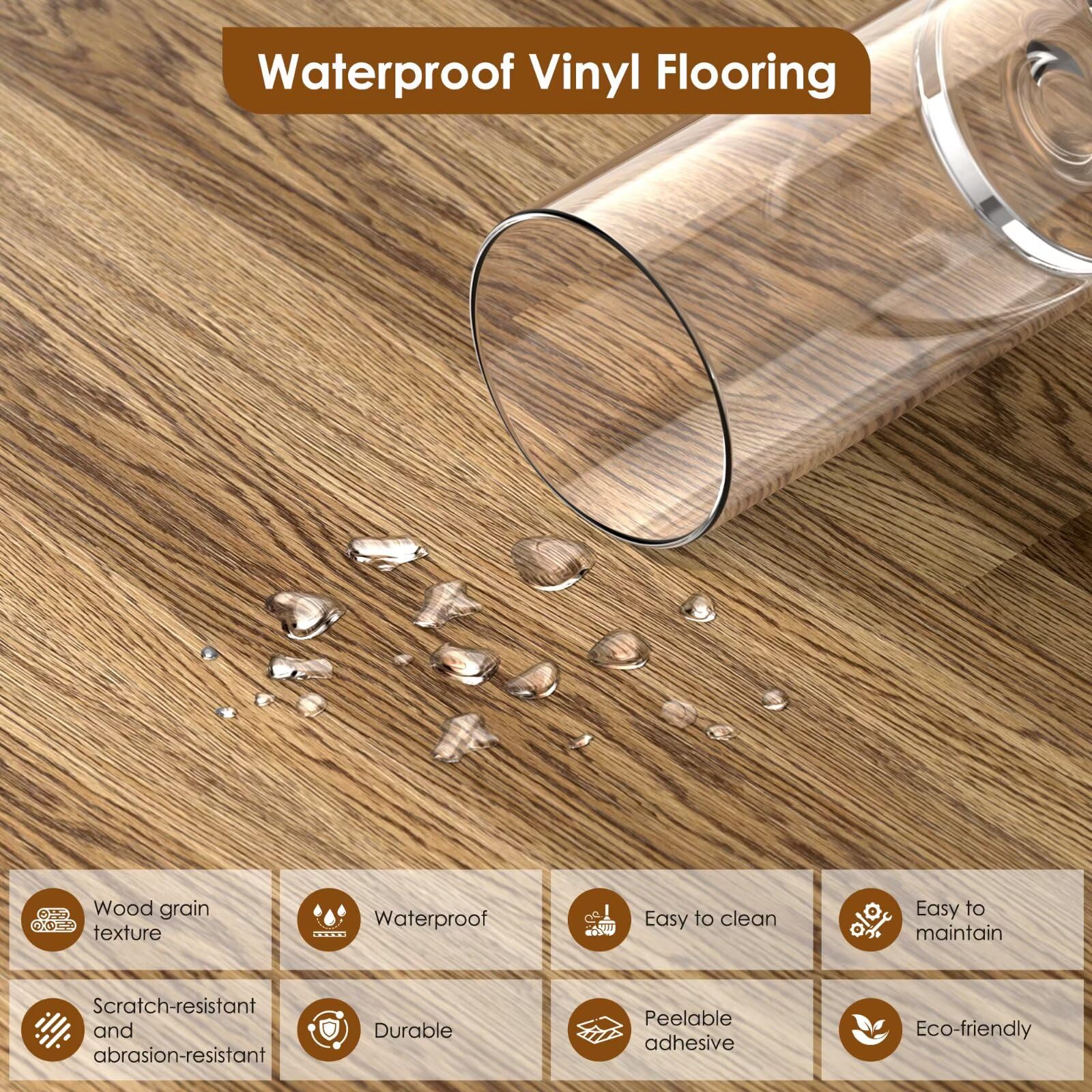 DEXDE Pavimenti in vinile Peel and Stick, confezione da 36 pezzi, 54 mq, impermeabili, autoadesive, texture con venature del legno naturale, resistenti, per cucina, bagno, camper e decorazioni per la