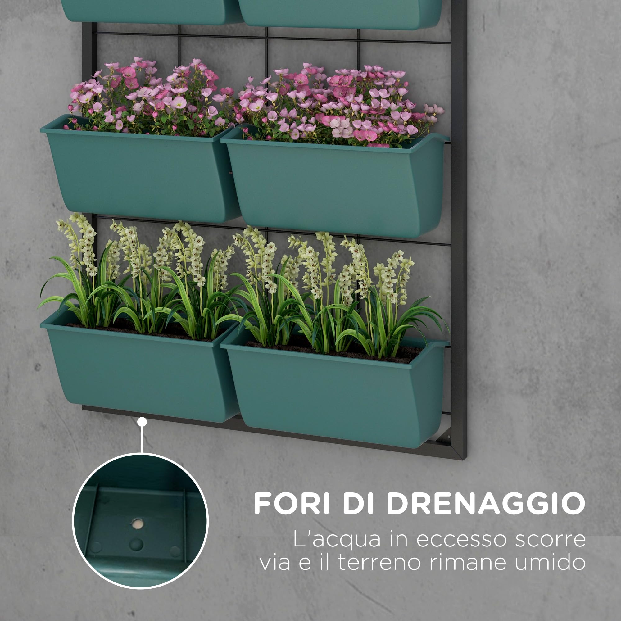 Outsunny Fioriera da Esterno Verticale 3 Livelli 52x14x66 cm Verde | 6 Vasi in Plastica con Fori di Drenaggio, Portavasi da Appendere per Fiori ed Erbe Aromatiche, Orto Verticale