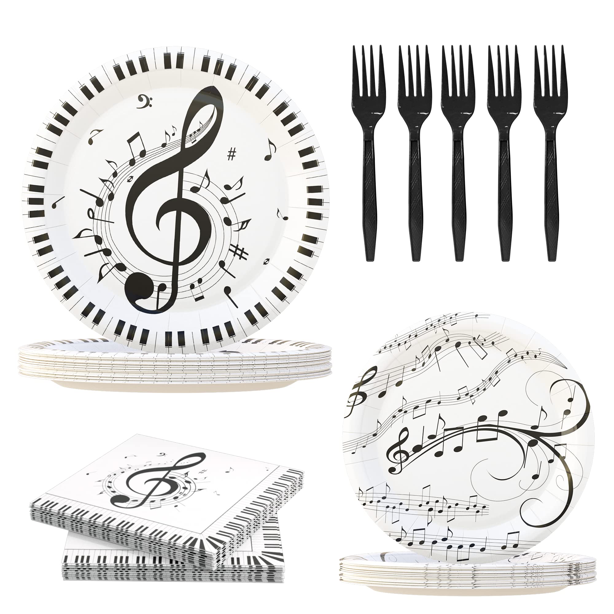 LMJUNZZ 120 Pcs Musical Notes Party Supplie ,Piano Notes Party Tableware Set 9"& 7"Music Notes Plates and Napkins Forks for Music Themed Birthday Party Decorations Serve 30 Guests