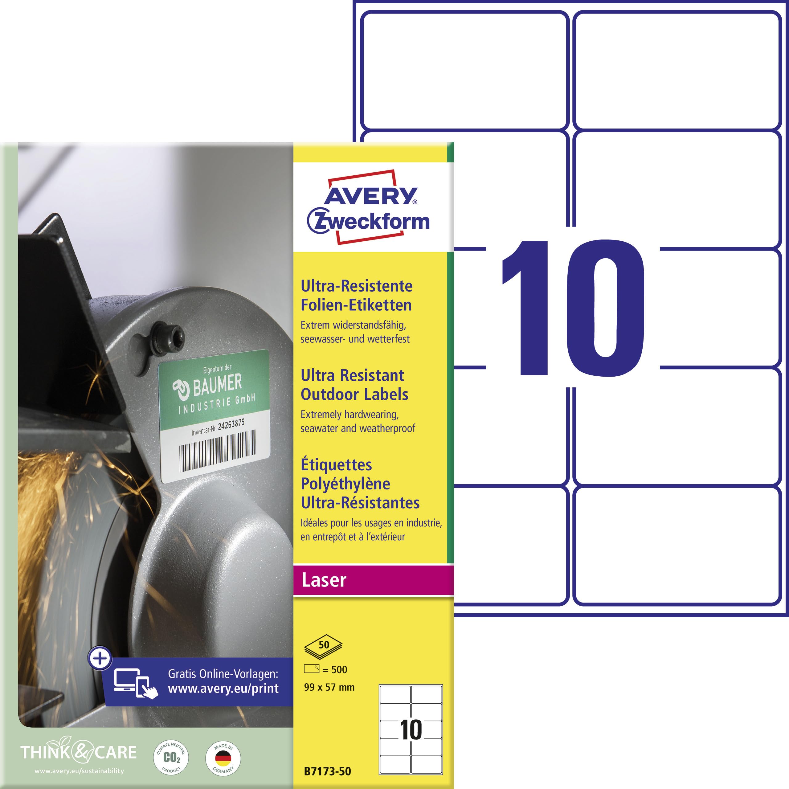 AVERY Zweckform B7173-50 wytrzymałe etykiety foliowe (500 naklejek, 99 x 57 mm na A4, bardzo mocno samoprzylepne, do trudnych powierzchni, do zadrukowania folia samoprzylepna) 50 arkuszy, białe