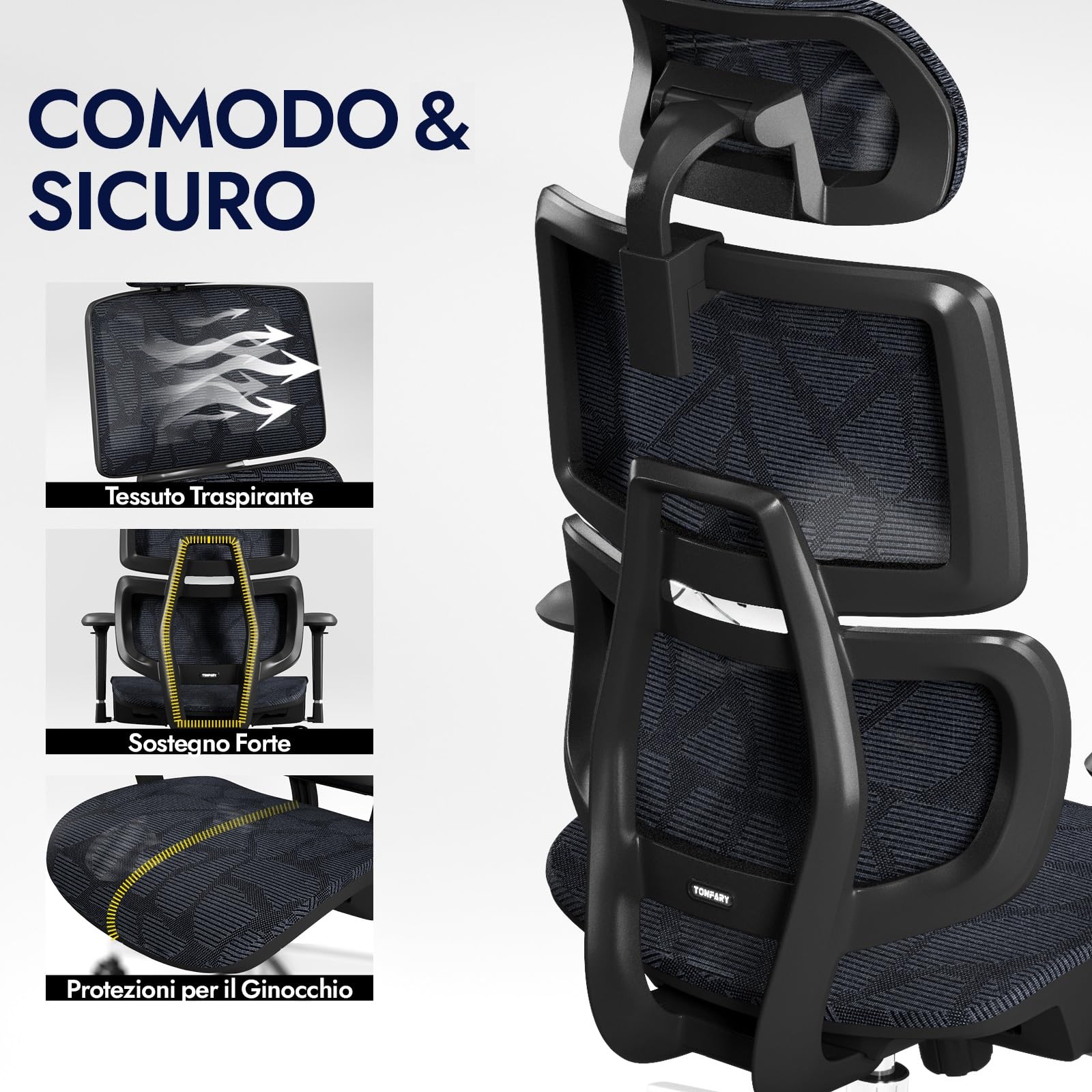 TONFARY Sedia da Ufficio Ergonomica, Sedia da Scrivania ALL-Mesh Supporto Lombare, Sedia da Gioco Inclinabile, Braccioli 3D Regolabili e Poggiatesta, Grande e Alta Sedia Girevole del Computer, 150KG