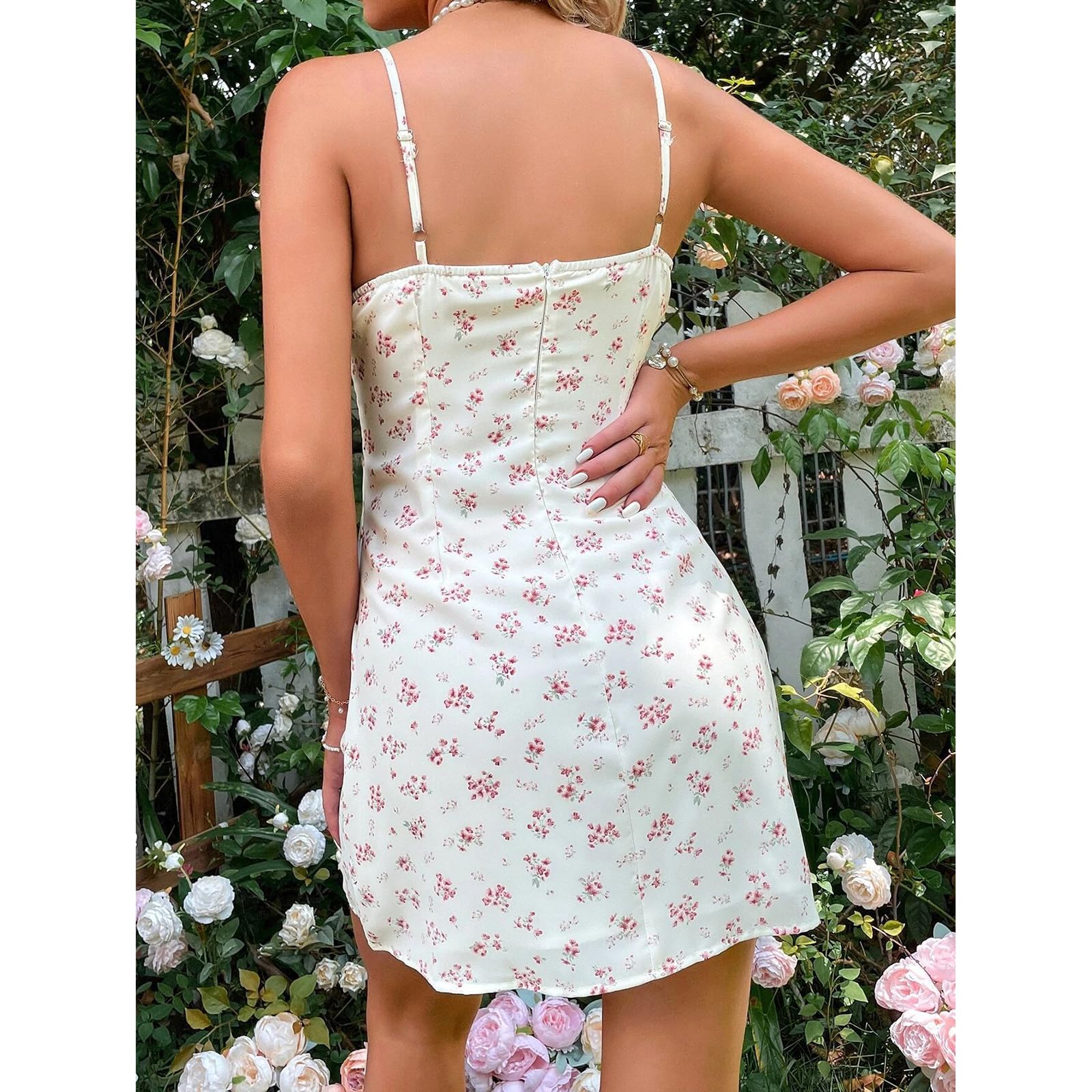 Abito Donna Ditsy Fiore Pizzo Trim Cami Cravatta Francese Davanti Mini Sundress, Collo Quadrato Abito-Rose Red-l