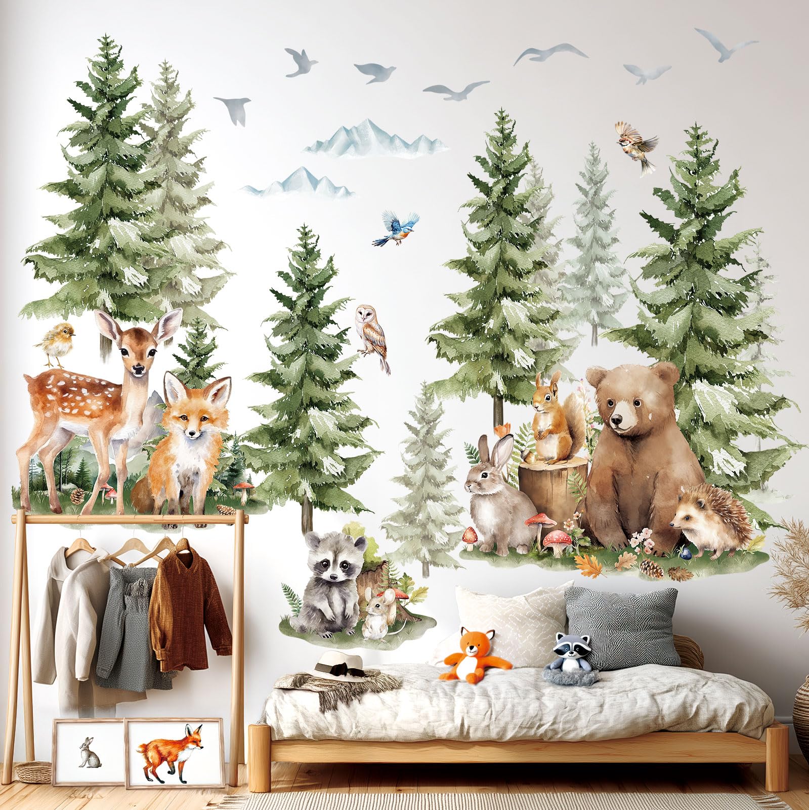 DECOWALL SG4-2422 Wandtattoos mit Kiefern und Waldtieren Berg Wald Wald Tier Hirsch Fuchs Wand Aufkleber Kinder gemütliche Zimmer Kinderzimmer Schlafzimmer Spielzimmer Dekor
