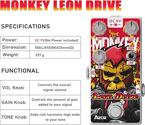 Miniatura 2 de AZOR Leon Dirve Pedal de efecto de guitarra Monkey Overdrive Tube Amp Pedal para guitarra eléctrica Bajo True Bypass AP503