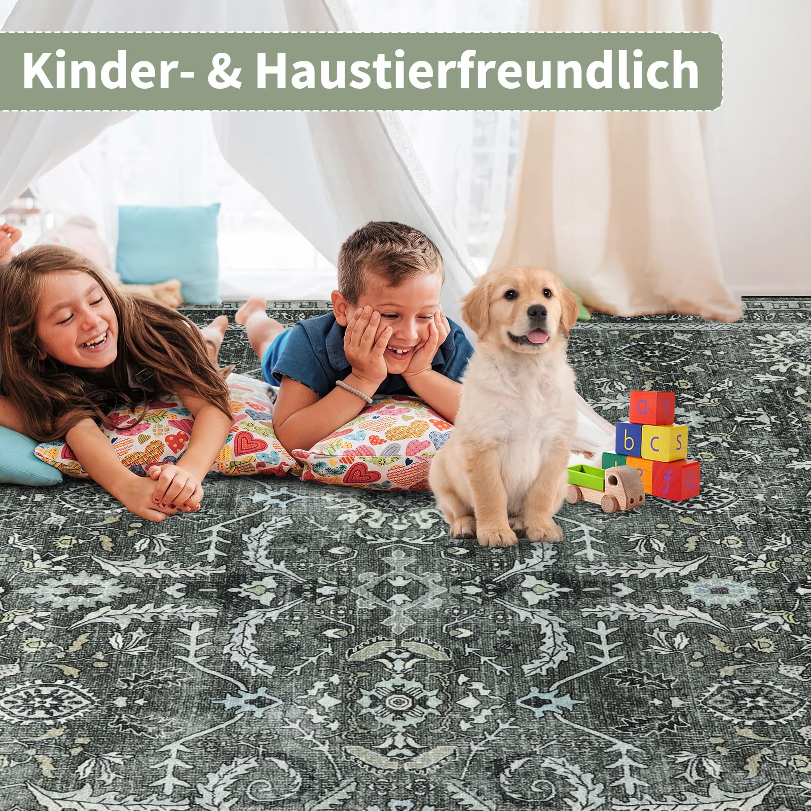 Groß Teppich Wohnzimmer 200x290cm Waschbar in Waschmaschine Vintage Boho Kurzflor Carpet Weich Antirutsch Rugs for Living Room Schlafzimmer Esszimmer, Grüner Teppich