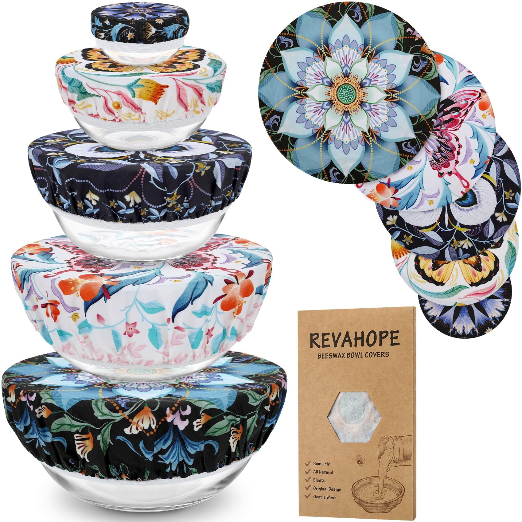 5 Pieces Beeswax Bowl Covers Reusable, 5 Size Cloth Fabric Bowl Covers Elastic Beeswax Wraps for Food Storage Bread Fruits Leftover (Lotus)