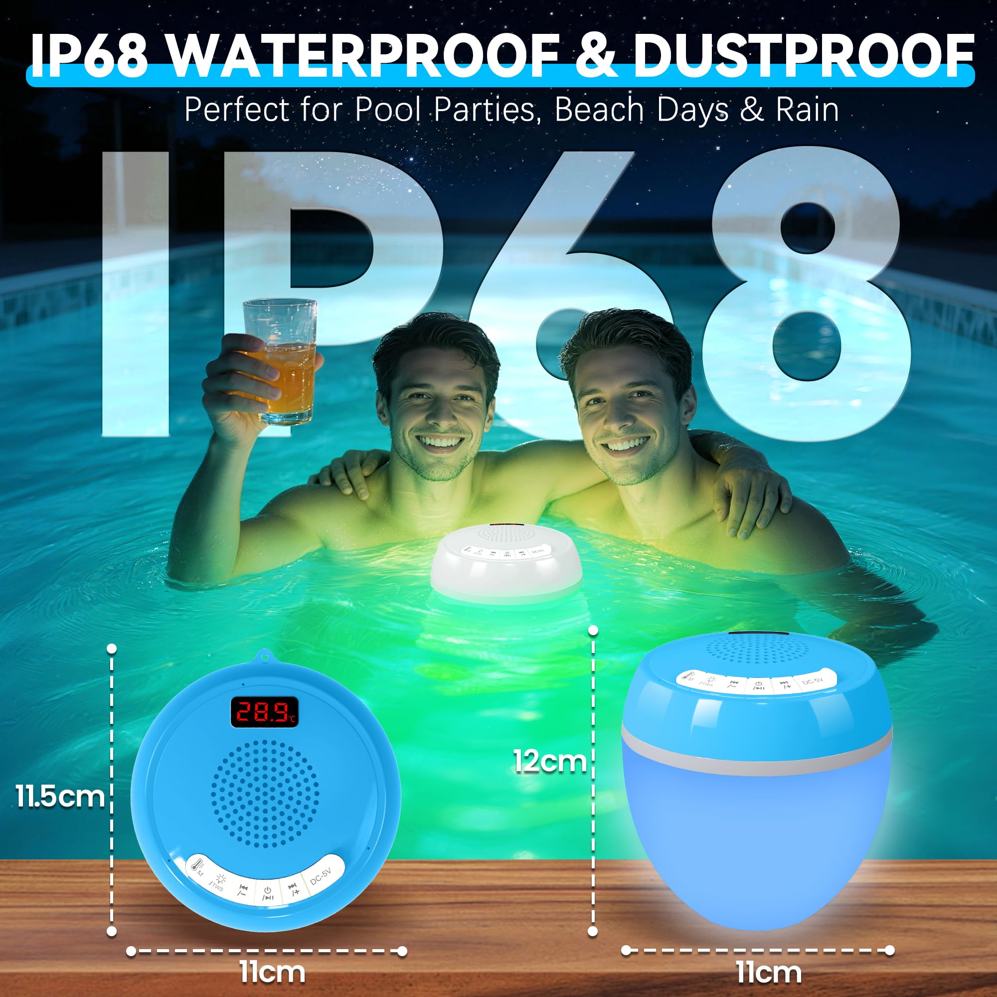 AearKing 3-in-1 Bluetooth Lautsprecher Pool mit Thermometer, Pool Lautsprecher mit RGB Licht, Schwimmender Pool Lautsprecher Wasserdicht IP68, TWS, Tragbarer Lautsprecher,Stereo Musikbox für Whirlpool