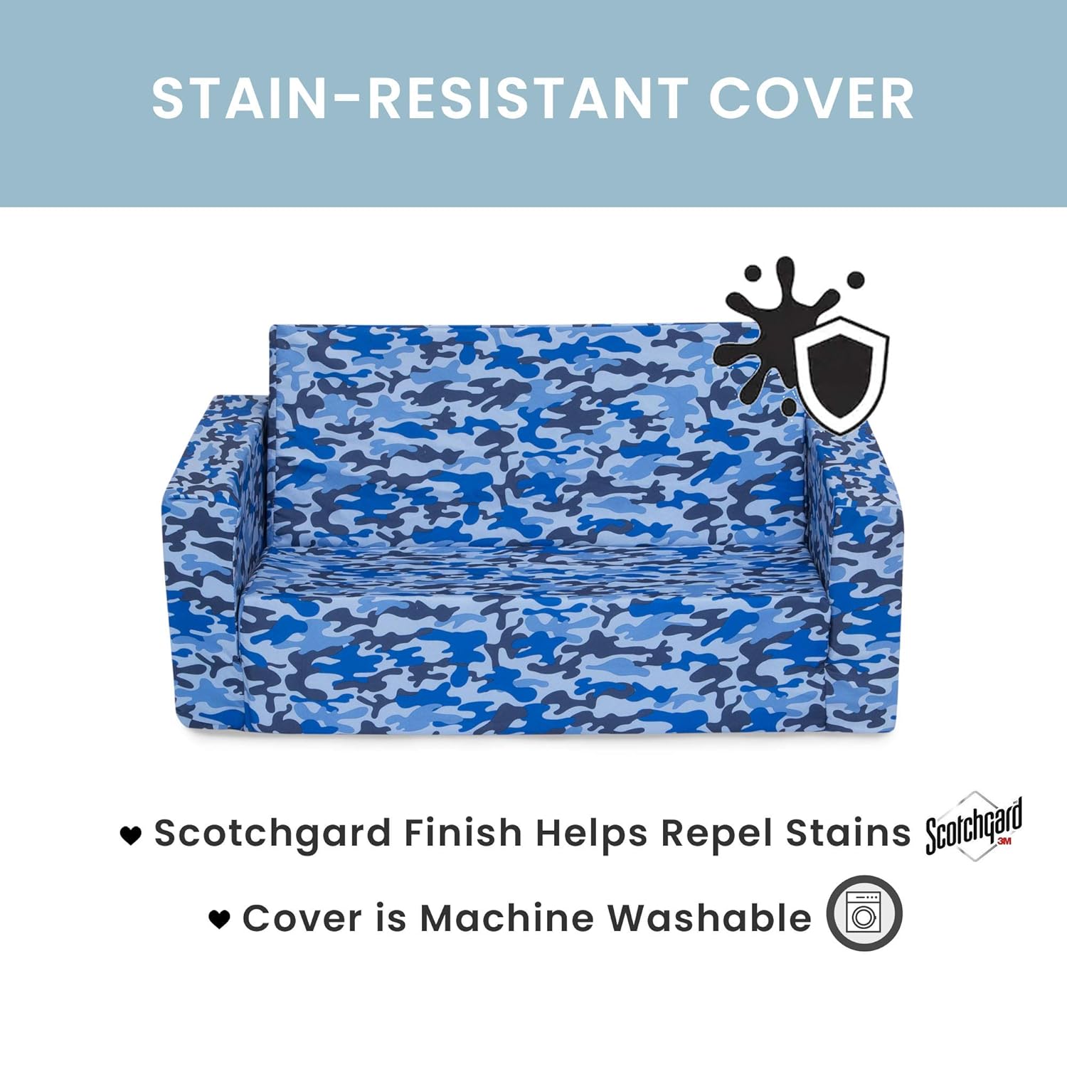 Delta Children Cozee 2-in-1 Sofa, 2-Seater Convertible Toddler Couch Sleeper, Wide 2-in-1 Flip Open Foam Chair for Playroom, Pet-Friendly, Bed Lounger, Comfy Play Sleeping Lounge Chair, Blue Camo