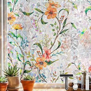 DUOFIRE Window Privacy Film Stained Glass Window Film Decorative Rainbow Floral Garden Static Cling Non-Adhesive Reusable Anti UV Colorful Window Decal for Home (11.8 × 39.3")