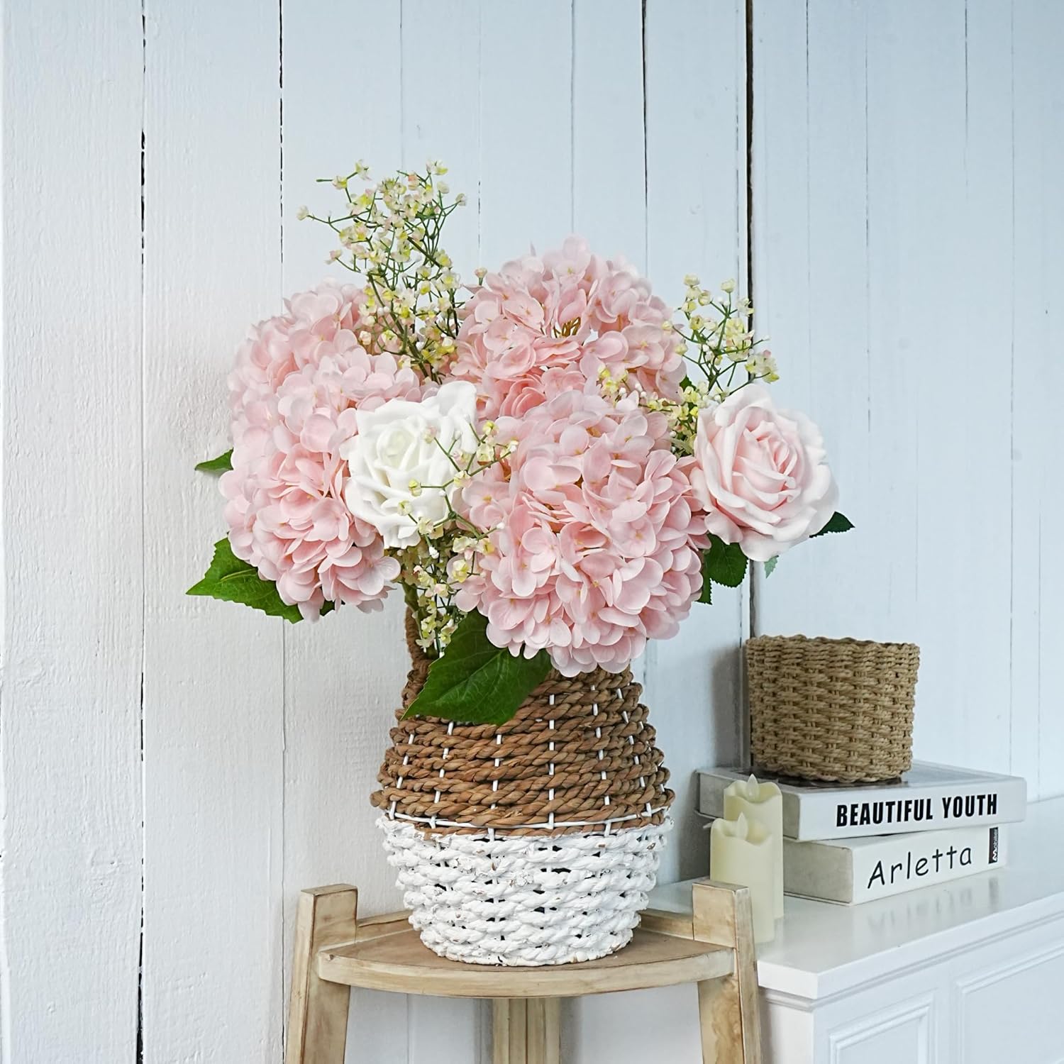 Jahe 4 Pcs Hydrangea Artificial Flowers, 20'' Tall Large Bloom Faux Hydrangea Flowers,Real Touch Fake Flowers, Bouquet Home Wedding Party Decor, DIY Floral Arrangement,Light Pink