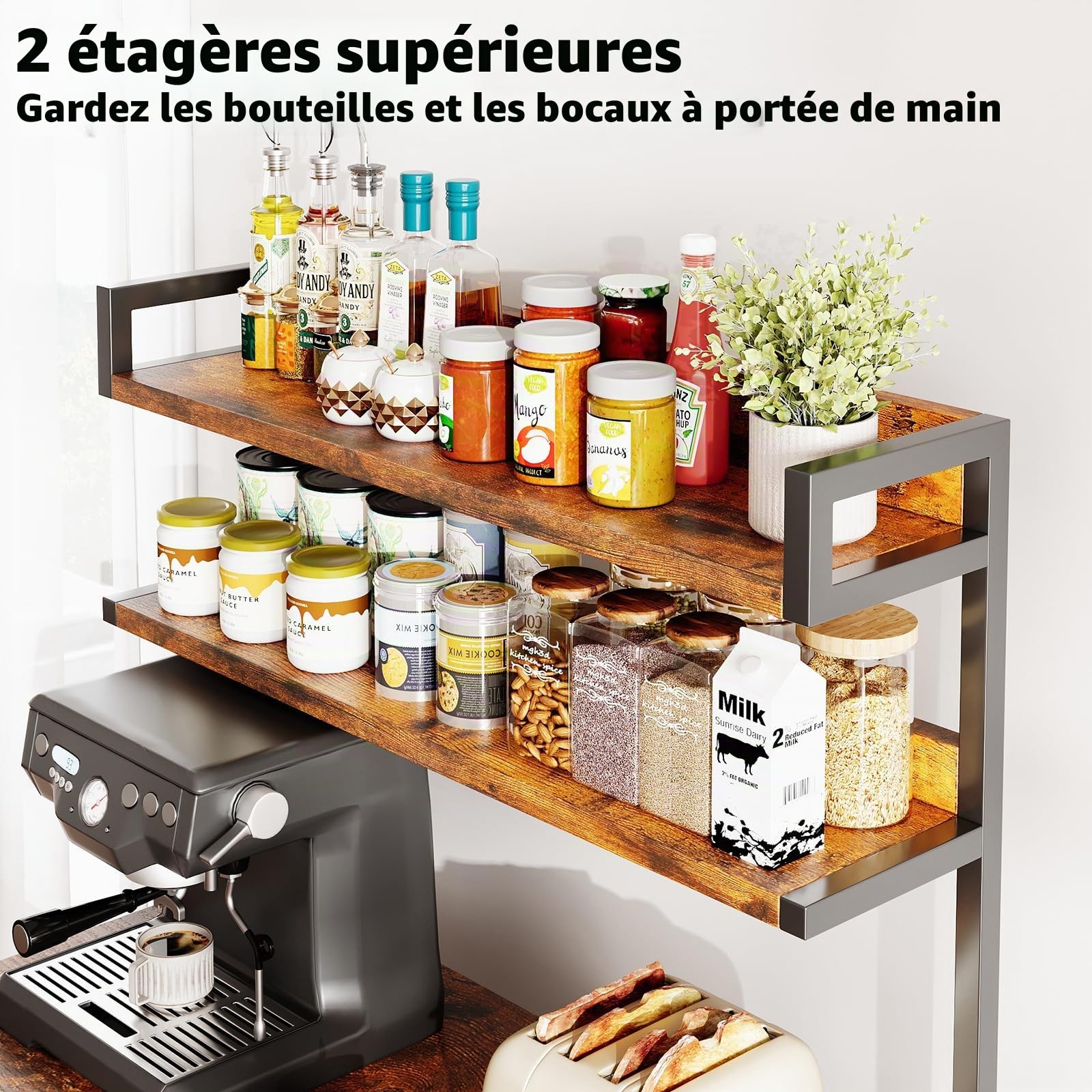 CAIYUN Étagère de Cuisine avec Prises électriques, étagère sur Pied avec Deux tiroirs en Bois, étagère pour Micro-Ondes, 5 Niveaux, Structure en Acier, 42 x 80 x 148 cm, Marron Vintage