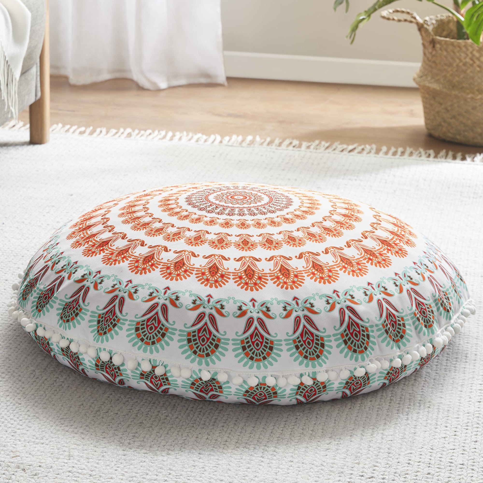 CodiMeditation Floor Pillow, Round Large Pillows Seating for Adults, Bohemian Mandala Circle Cushion for Outdoor Fireplace Yoga Living Room, 32 Inch, Memory Foam Added, Coral